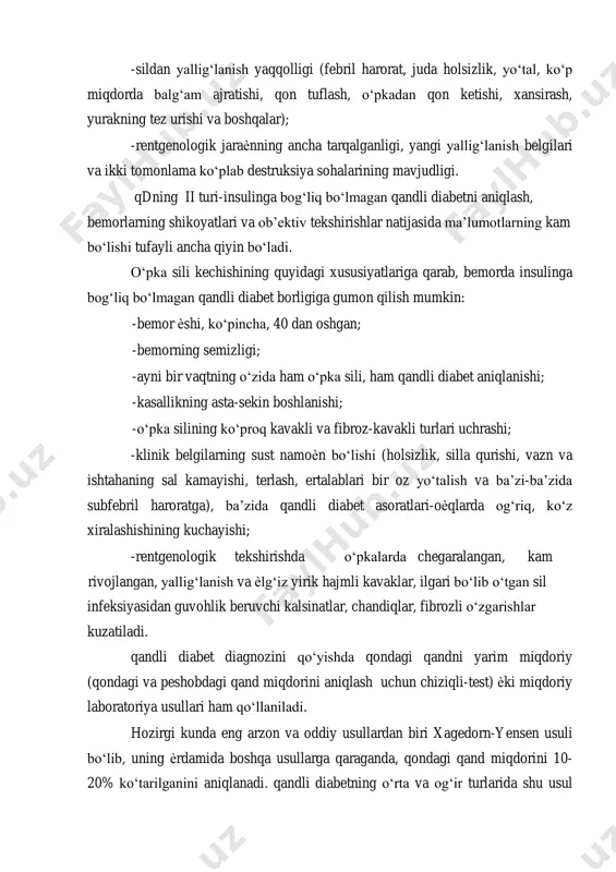 niqlash, bemorlarning shikoyatlari va ob’ektiv tekshirishlar natijasida ma’lumotlarning kam bo‘lishi tufayli ancha qiyin bo‘ladi. o‘pka sili kechishining quyidagi xususiyatlariga qarab, bemorda insulinga bog‘liq bo‘lmagan qandli diabet borligiga gumon qilish mumkin: -bemor ѐshi, ko‘pincha, 40 dan oshgan; -bemorning semizligi; -ayni bir vaqtning o‘zida ham o‘pka sili, ham qandli diabet aniqlanishi; -kasallikning asta-sekin boshlanishi; -o‘pka silining ko‘proq kavakli va fibroz-kavakli turlari uchrashi; -klinik belgilarning sust namoѐn bo‘lishi (holsizlik, silla qurishi, vazn va ishtahaning sal kamayishi, terlash, ertalablari bir oz yo‘talish va ba’zi-ba’zida subfebril haroratga), ba’zida qandli diabet asoratlari-oѐqlarda og‘riq, ko‘z xiralashishining kuchayishi; -rentgenologik tekshirishda o‘pkalarda chegaralangan, kam rivojlangan, yallig‘lanish va ѐlg‘iz yirik hajmli kavaklar, ilgari bo‘lib o‘tgan sil infeksiyasidan guvohlik beruvchi kalsinatlar, chandiqlar, fibrozli o‘zgarishlar kuzatiladi. qandli diabet diagnozini qo‘yishda qondagi qandni yarim miqdoriy (qondagi va peshobdagi qand miqdorini aniqlash uchun chiziqli-test) ѐki miqdoriy laboratoriya usullari ham qo‘llaniladi. hozirgi kunda eng arzon va oddiy usullardan biri xagedorn-yensen usuli bo‘lib, uning ѐrdamida boshqa …