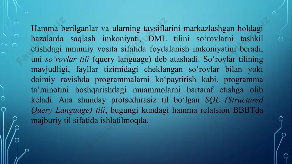 etcheri. uyg‘unlik. har bir tranzaksiya berilganlar bazasini bir uyg‘unlik holatidan ikkinchisiga o‘tkazadi. uyg‘unlikka javobgarlikni ta’minlash bbbt va ilovalarning yaratuvchilarga yuklanadi. bbb tizimida uyg‘unlik berilganlar bazasidagi chizmada keltirilgan hamma, ya’ni butunlik va predmet sohadagi, cheklashlarni ta’minlash orqali erishiladi. ilovalardagi mantiqiy amallar natijasida yuzaga keladigan uyg‘unsizlik holatlariga programmachi javob beradi. yakkalik. hamma tranzaksiyalar bir-biriga bog‘liqsiz ravishda bajariladi. boshqacha aytganda, tugallanmagan tranzaksiyaning oraliq natijalari boshqa tranzaksiyalarning ish faoliyatiga umuman ta’sir qilmasligi kerak. yakkalikni ta’minlashga javobgar parallel bajarish ishlarini boshqaruvchi – rejalashtiruvchi moduldir. turg‘unlik. muvaffaqiyatli tugagan tranzaksiyalarning natijalari berilganlar bazalarida saqlanishi va kelajakdagi inkor vaziyatlarda yo‘qotilmasligi kerak. turg‘unlikni ta’minlashga javobgarlik tiklash dispetcheriga yuklatilgan. rejalashtiruvchi. ushbu modul bb bilan bajariladigan parallel amallarni maksimal normal holatda bajarilishini nazorat qiladi. alohida bajariladigan tranzaksiyalardagi talab qilingan amallarni bajarish tartibini boshqaradi. ayrim vaziyatlarda, masalan parallel bajarish protokoli blokirovkalar tizimi asosida qurilsa, rejalashtiruvchi modulni blokirovkalar dispetcheri deb atashadi. tiklash dispetcheri. tizimda inkor yuz bergan holatlarda, bbni ishlaydigan normal holatga qaytarishni …