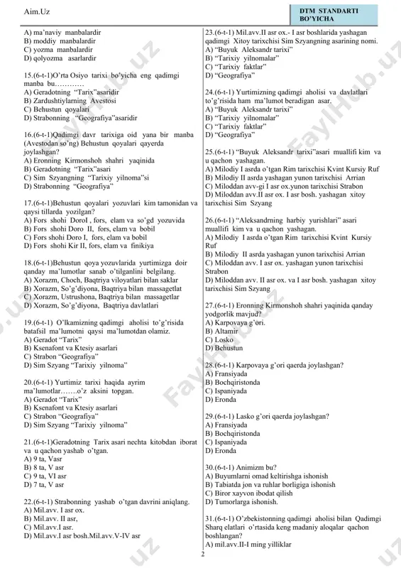 rni tadqiq etish bilan shug’ullanuvchi fanni toping. a) arxeologiya b) antropologiya c) epigrafika d) numizmatika 9. (6-t-m) eng qadimgi shaharlar va davlatlar tashkil topishi davrini olimlar fanda nima deb ataydilar. a) uyg’onish davri b) ellinizm c) sivilizatsiya d) demokratiya 10. (6-t-1)qadim o’tgan zamonlarda odamlar yashagan manzilgohlarda qazishma ishlarni amalgam oshiruvchilar……………deyiladi a) arxeologlar b) antropologlar c) etnograflar d) lingvistlar 11. (6-t-1)qadimda odamlarning qoldiqlari(skelet va boshchanoq)ni sinchiklab tekshirib ko’rgan va ularning tashqi ko’rinishini qaytadan yaratishga, ming yillar davomida kishilarning tashqi `qiyofasida ro’y bergan o’zgarishlarni nazardan o’tkazishga harakat qiluvchilar…….deyiladi. a) arxeologlar b) antropologlar c) etnograflar d) lingvistlar 12. (6-t-1) hozir ham barhayot qabilalar va xalqlarni, qadimgi odamlarning saqlanib qolgan ko’pgina udumlari, xo’jalik va madaniyat an’analarini ………..o’rganadilar. a) arxeologlar b) antropologlar c) etnograflar d) lingvistlar 13. (6-t-1)hozirgi zamon tili qay yo’sinda shakllanganligini tushunib yetish maqsadida qadimgi tillarni tadqiq etuvchilar……….deyiladi a) arxeologlar b) antropologlar c) etnograflar d) lingvistlar 14. (6-t-1)o’lkamiz eng qadimgi tarixining keng tarqalgan …