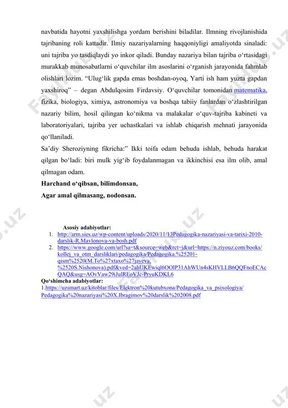 yoniga zamonaviy pedagogik va axborot texnologiyalarini muvaffaqiyatli qo‘llayotgan, bu borada yetarli darajada ish tajribalariga ega bo‘lgan, o‘quv-moddiy ta’minoti bugungi kun talabalariga javob beradigan uzluksiz ta’lim tizimining maktabgacha, umumiy o‘rta, o‘rta-maxsus, maxsus maktab internatlar, akademik litsey va kasb-xunar ta’limi muassasalarida o‘tkaziladi. ta’limda nazariyaning amaliyot bilan birligi qoidasi. bu qoida ta’limning ilmiylik qoidasi bilan mustahkam bog‘langandir. ishga yarab qolsa ilming bir muddat, yana oshirmoqqa aylagil shiddat, – degan edi m.ulug‘bek. 1394-1449 o‘quvchilar bilim bilan qurollanar ekan, ilmning amaliy ehtiyoj tufayli bo‘lganini, ishlab chiqaruvchi kuchlarining qanday taraqqiy etganini, texnika va iqtisod sohasidagi yangiliklar, ilmning borgan sari rivojlantira borishni, ilm esa o‘z navbatida hayotni yaxshilishga yordam berishini biladilar. ilmning rivojlanishida tajribaning roli kattadir. ilmiy nazariyalarning haqqoniyligi amaliyotda sinaladi: uni tajriba yo tasdiqlaydi yo inkor qiladi. bunday nazariya bilan tajriba o‘rtasidagi murakkab munosabatlarni o‘quvchilar ilm asoslarini o‘rganish jarayonida fahmlab olishlari lozim. “ulug‘lik gapda emas boshdan-oyoq, yarti ish ham yuzta gapdan yaxshiroq” – degan abdulqosim firdavsiy. …