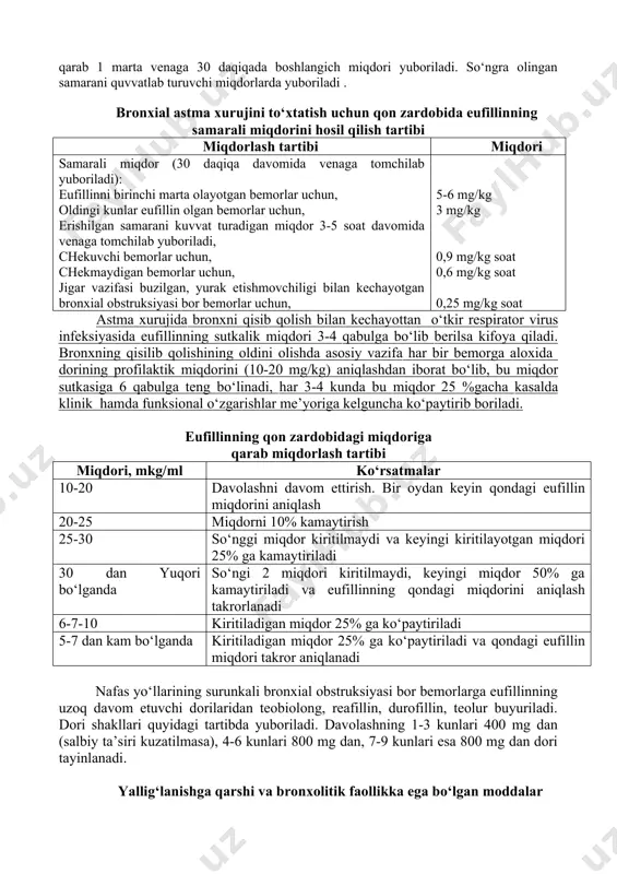 adi. organizmni eufillin bilan tez to‘yintirish tartibi kasal ning yoshi, yil xisobida sutkalik miqdori birinchi marta yuboriladigan miqdori kuvvatlab turadigan miqdori kuvvatlab turadigan miqdorini yuborish tezligi mkg/kg 2,4% li eritmasi, ml mkg/kg 2,4% li eritmasi, ml mkg/kg 2,4% li eritmasi, ml mkg/kg 2,4% li erit-masi, ml 3-8 30 1,25 9 0,37 21 0,88 0,9 0,037 9-12 25 1,05 7 0,30 18 0,75 0,76 0,036 12-15 22 0,9 6 0,25 26 0,65 0,68 0,027 tabletka berilganda qonda davolovchi miqdori 1-2 soatdan keyin ta’sir qiladi va 6-8 soat davom etadi. qonda o‘rtacha davo miqdori 10-12 mkg/kg, chekuvchilar uchun - 18 mkg/kg, eng kam zaharlovchi miqdori – 18-20 mkg/kg. eufillinning 1 yoshgacha bo‘lgan bolalarda eng yuqori sutkalik miqdorini quyidagi formula (1,25 x-0,3 x xaftalar soni + 8) bilan hisoblab topish mumkin. kattalar uchun esa tana og‘irligi x 3 mgx 85 (teofillinning dori tarkibidagi % miqdori). 3 yoshli bolaga 30 mg/kg bo‘lib, bu miqdor …