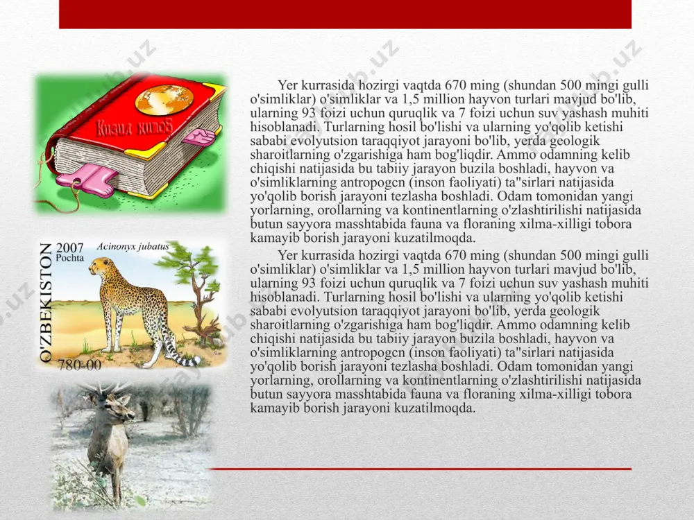 olib ketish jarayoni juda jadallik bilan davom etmoqda. 1600-yildan 1875-yilgacha sut emizuvchilarning 63-turi, qushlaming 74 turi yo'qolib ketdi. keyingi yillarda har yili 1 dan 10 gacha hayvon va ltadan o'simlik turlari yo'qolib ketmoqda. hozirgi vaqtda umurtqali hayvonlarning 600 ga yaqin turi, juda ko'p o'simliklar turlari butunlay yo'qolib ketish xavfi ostida turibdi. o'simlik va hayvon turlarining tobora yo'qolib borish xavfi mamiakatlar va butun dunyo miqyosida zarur chora-tadbirlarni ishlab chiqish va amalga oshirish ehtiyojini tug'dirmoqda. 1948-yilda tabiatni va tabiiy resurslarni muhofaza qilish xalqaro ittifoqi tuzildi. bu tashkilot flora va faunani muhofaza qilishga qaratilgan hamma ishlarni birlashtiradi. mazkur xalqaro uyushma 1973 yilda «qora ro'yxat»ni chop etdi, unda batamom yo'qolib kotgan hayvonot turlari ro'yxati keltirilgan. «qizil kitob» xavf-xatar belgisi. bu kitobga kam va yo'qolib ketayotgan o'simlik va hayvonlarning turlari to'g'risida ma'lumotlar berilgan www.arxiv.uz o'zbekistonda o'simlik va hayvon turlari soni 27000 dan ortiq bo'lib, ulardan hayvon turlari 15000 dan ortiq, o'simliklar, zamburug'lar va suv o'tlari …