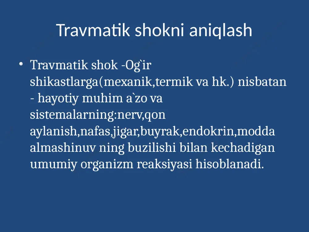 ,silindruriya),anemiya,shish kamayadi. 3. kechki (3-4 chi haftadan boshlab) - buyrak faoliyati tiklanadi,yiringli asoratlar va tromboflebitlar,nevritlar,mushak nekrozlari,mushak atrofiyasi va bo`g`im kontrakturasi. uzoq davom etuvchi bosilish sindromi 1. yengil daraja – qo`l oyoqning butunligicha yoki bir qismini 4 soatgacha bosilishi 2. o`rta og`ir daraja – bir qo`l yoki oyoqning 6 soatgacha bosilishi 3. og`ir daraja – bitta qo`l oyoqning 6 soatdan ko`p yoki 2 ta qo`l yoki oyoqning 6 soatgacha bosilishi 4. o`ta og`ir daraja – 2 ta qo`l yoki oyoqning 6 soatdan ham ko`p bosilishi xulosa: 1. istalgan sababli travmatik shok harbiy holatda o`limga olib kelsihhi mumkin 2. erta bosqichdagi diagnistika hamda tezkor davolash yordami o`lim va asoratlarni sezilarli miqdorda kamaytirshi mumkin.