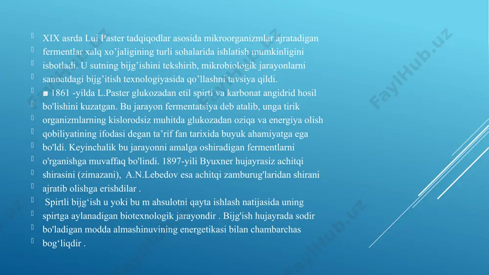 an xarakterlanadi. bu reaksiyaning umumiy ko‘rinishi quyidagicha: c6h12o6 + 2 f n+2a d f -> c h 3c h 0 h c 0 0 h + 2 a t f + 2 h 20 bunda mahsulotning hosil bo‘lishi 98% gacha yetadi. bunday yuqori ko‘rsatkich karbon suvlaming bijg'ish jarayoni modda alrnashinuvi jarayoni bilan deyarli bog‘liq emasligidan dalolat beradi. geterofermentativ bijg‘ish jarayonida nafaqat sut kislotasi, balki pirouzum kislotasiga biogenetik aloqador bo‘lgan boshqa, bir-birlariga yaqin birikmalar: sirka kislotasi, etanol va h.k. hosil bo‘ladi. geterofermentativ bijg‘ish jarayonini olib boruvchi bakteriyalar glukozani parchalashning dastlabki bosqichini pentozofosforli yo‘l orqali amalga oshiradi. ularda fruktozabisfosfataldolaza va triazofosfatizomeraza fermentlari yo‘q. reaksiyaning ketish yomlarini aniqlovchi moddalardan biri pentozafosfat yo‘lining mahsuloti bo‘lgan ribuloza-5-fosfatdir. bu birikma epimeraza fermenti ta ’ sirida ksiluloza-5-fosfatga aylanadi, hosil boigan bu modda esa pentozafosfat ketolaza fermenti ta’sirida 3-fosfoglitserin aldegid va asetilfosfatga parchalanadi moy kislotali bijg‘ish moy kislotali bijg‘ish jarayoni tabiatda keng tarqalgan. bu biologik jarayon ekanligini 1861 …
