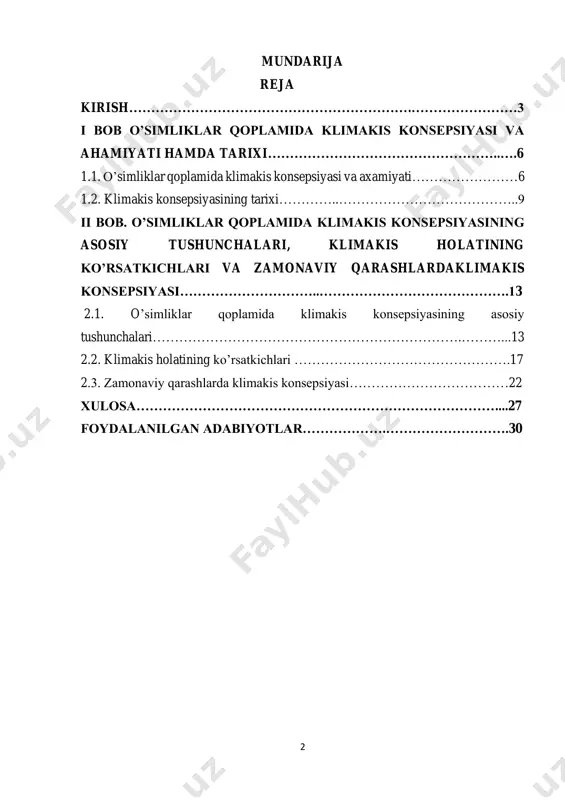 omillar tufayli bir mintaqada bir nechta klimakslar boʻlishi mumkin. disklimaks nazariyasi odamlar yoki oʻtabiat hodisalari taʼsirida klimaksning buzilishi. klimaksga yetish jarayoni: suktsessiya oʻsimliklar jamoasi klimaks holatiga suktsessiya (oʻz navbatlilik) jarayoni orqali erishadi. suktsessiya ikki xil boʻladi: primer suktsessiya yangi hosil boʻlgan yerlarda (masalan, vulqon otilishi yoki koʻl qurib qolgan joylarda) boshlanadigan jarayon. sekunder suktsessiya – buzilgan joylarda (masalan, oʻrmon kesilgandan keyin) sodir boʻladigan tiklanuv jarayon. suktsessiya bosqichlari: pioner oʻsimliklar (masalan, yoʻtal, qamish) oʻtlar va butalar daraxtlar paydo boʻlishi barqaror klimaks jamoasi (masalan, aralash oʻrmon) oʻsimliklar qoplamiga taʼsir etuvchi omillar klimaks shakllanishiga quyidagi omillar taʼsir koʻrsatadi: iqlim (harorat, yogʻin, shamol) – masalan, choʻl mintaqalarida efemerlar, tropik 4 oʻrmonlarda doim yashil daraxtlar ustunlik qiladi. tuproq – tuzlangan yerlarda shoʻrxok oʻsimliklar, unumdor tuproqlarda esa serhasham oʻtlar rivojlanadi. biotik omillar – oʻsimliklarning bir-biriga raqobati, hayvonlar va mikroorganizmlarning taʼsiri. antropogen omillar – qurilish, qishloq xoʻjaligi, oʻrmonlarni kesish klimaksni buzadi. hozirgi davr muammolari va klimaksning ahamiyati …