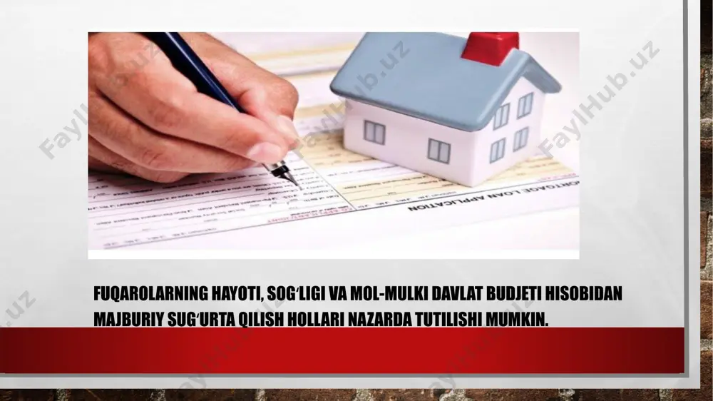 sa 2jinoiy yoʻl bilan qoʻlga kiritilgan jinoyat narsasi hisoblanuvchi yoki musodara qilinishi lozim boʻlgan mol-mulk 3shartnoma boʻyicha gʻayrihuquqiy manfaat sugʻurtalangan boʻlsa sugʻurtalovchini sugʻurta tovonini va sugʻurta pulini toʻlashdan ozod qilish asoslari 1 yadro portlashi radiatsiya yoki radioaktiv zararlanish 2 harbiy harakatlar manyovr yoki boshqa tadbirlar natijasida subrogatsiya agar mulkiy sugʻurta shartnomasida boshqacha tartib nazarda tutilgan boʻlmasa sugʻurta qildiruvchi sugʻurta natijasida qoplangan zarar uchun javobgar shaxsdan talab qilish huquqi toʻlangan summa doirasida sugʻurta toʻlagan sugʻurtalovchiga oʻtadi qayta sugʻurta qilish sugʻurta shartnomasi boʻyicha sugʻurtalovchi oʻz zimmasiga olgan sugʻurta tovonini yoki sugʻurta pulini toʻlash xavfi uning tomonidan toʻliq yoki qisman boshqa sugʻurtalovchida u bilan tuzilgan qayta sugʻurta qilish shartnomasi boʻyicha sugʻurtalanishi mumkin. ikki yoki bir necha qayta sugʻurta qilish shartnomasini ketma-ket tuzishga yoʻl qoʻyiladi. bunday shartnomalarning har biri keyingi qayta sugʻurta qilish shartnomasiga nisbatan asosiy sugʻurta shartnomasi hisoblanadi. ikki tomonlama sugʻurta fuqarolar va yuridik shaxslar oʻz mol-mulkini va boshqa mulkiy huquqlarini ikki taraflama …