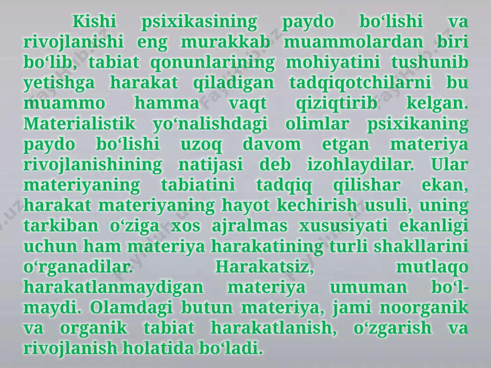 ik ozod bo‘la boradi. yashash sharoitlarining keskin o‘zgarishi hayvonlarning joyini o‘zgartirishga majbur etishi azaldan ma’lum. hayvonlarning bunday xatti-harakatlari sharoitga ko‘proq yoki kamroq darajada mos bo‘lishi mumkin. cho‘l toshbaqasi va mayda kemiruvchilar issiq kunlar boshlanishi va qishki sovuq tushishi oldidan o‘zlarining normal hayot kechirishlari uchun zarur shart-sharoitlarga ancha mos keladigan harorat saqlanadigan chuqur in qazib, yer tagiga kirib ketadi. bu o‘rinda instinktlar harakat qiladi. fil o‘ziga suv sepa boshlaydi, qalin soyaga yashirinadi, maymun ham issiqdan saqlanishi uchun imkon beradigan joyni tanlashga va tayyorlashga urinadi. bu o‘rinda instinktlardan ko‘ra hayvonlar individual hayot kechirishida orttirgan tajriba – shartli bog‘lanishlar ta’sir qiladi. o‘simlik va hayvonlarga mansub shakllar evolutsiyasining barcha bosqichlarida jamiki jonli organizmlar in’ikosning alohida, biologik shakli – ta’sirlanuvchanlikka ega bo‘ladi. ta’sirlanuvchanlik tirik organizmning biologik ahamiyatiga ega bo‘lgan (biotik) ta’sirga javob berish qobiliyati demakdir. oddiy ta’sirlanuvchanlik sodda, bir hujayrali tirik organizmdayoq seziladi. ular muhitning ta’siriga harakatlanish bilan javob beradi. muhit biotik ta’sir o‘tkazishi mumkin …
