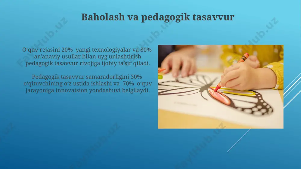 . pedagogik tasavvur va ta’lim sifati ta’lim sifatini yaxshilashda pedagogik tasavvur 20% ga teng yoki undan ortiq samaradorlikni oshirishga olib keladi, bu esa yangi pedagogik yondashuvlarni qo’llash va innovatsion usullarni joriy etish bilan bog’liq. pedagogik tasavvur o’qituvchilarga o’quvchilarning 30% gacha individual ehtiyojlarini aniqlash va ularga moslashtirilgan ta’lim strategiyasini ishlab chiqish imkonini beradi, bu esa ta’lim sifatini sezilarli darajada oshiradi. pedagogik bilimlar va pedagogik tasavvur pedagogik bilimlar, 3 ta asosiy tarkibiy qism – nazariy bilimlar, amaliy ko'nikmalar va shaxsiy tajribalardan iborat bo'lib, pedagogik tasavvurga asos yaratadi. o'qituvchining pedagogik tasavvuri, o'quv jarayoniga 10% yangi texnologiyalarni qo'llash orqali samaradorlikni 30% ga oshirishga yordam beradi. muammoli vaziyatlarni hal qilishda pedagogik tasavvur muammoli vaziyatni 4 bosqichda tahlil qilish orqali, pedagogik tasavvur, o‘quvchilarning 90% muammosi uchun innovatsion yechimlarni taklif qilish imkonini beradi. muammoli vaziyatlarda 3 ta yondashuvni bir vaqtda qo‘llash orqali pedagogik tasavvur yordamida 5-7 daqiqada samarali yechim topish mumkin. o’qitish uslublari va pedagogik tasavvur o’qitish …
