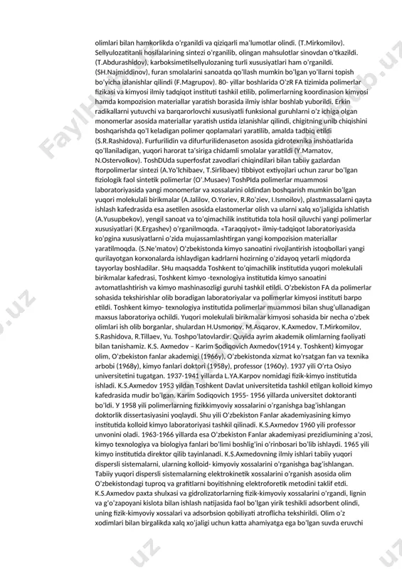 ay, ularning fizikaviy, kimyoviy va mexanik xossalari qayta ishlashni osonlashtiradi. polimer materiallardan yasalgan mashina detallari va o’yinchoqlar , plyonkalar va poroxod korpuslari, trikotaj va uy-ro’zg’or, poyavbzal, pardoz va bezak buyumlar kabi nozik va nafis materiallar olinib, mustahkam va chidamli, yengilligi, issiq-sovuqqa chidamliligi, nurga va har qanday ob-havoga bardoshligi, elaktr tokini o’tkazmasligi, ishqor va kislotalar ta’siriga turg’unligi va boshqa qator xossalari bilan yog’och, shisha, metall va hokazolardan ajralib turadi. suvda eruvchan polimerlar tuproq unumdorligini oshuirish, tuproq namligini tejash, tuproq eroziyasiga qarshi kurashda, yerning sho’rini yuvishda, ko’chma qum harakatini to’xtatishda donador o’g’itlar olishda, rangli metallar ishlab chiqarishda, tabiiy mineral sorbentlar quvvatini oshirishda, kitob tayyorlashda, yerni parmalashda ishlatiladi. elektroenergetikani rivojlanishi elektroenergetik materiallar, asboblarni ishlab chiqarish miqdorini ortishiga olib keldi. elektroenergetikada yangi polimer materiallar qo’llanilishi kimyo sanoati ahamiyatini oshirdi, bu sintetik tolalar va plastmassalar ishlab chiqarishni bir necha barobar ortishiga sabab bo’ldi. sintetik polimerlar elektr sanoatida uskuna va asboblarni elektroizolyasiyasi, kabellar, radiotexnik asboblar va …