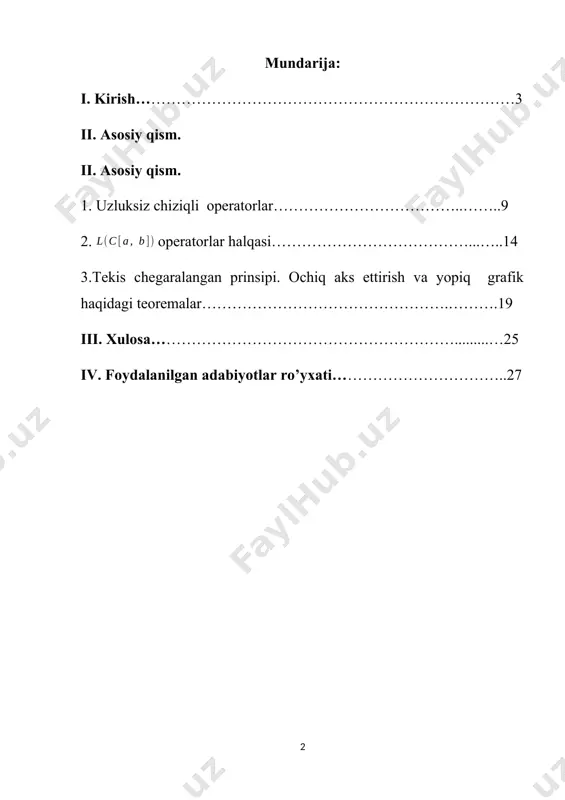 adilar va ularning asosiy xossalarini o'rganadilar. cheksiz o'lchamli funksional fazolarni o'rganish jarayonida o'quvchilar funksional analizning kuchli va nozik usullarini tushunishga biroz qiynaladilar, lekin tushunib yetganlaridan keyin o'zlarida ilmga undovchi qandaydir ichki kuch sezadilar. bu kuch ta'siri ularda cheksiz o'lchamli fazolarda har qanday fundamental ketma-ketlik yaqinlashuvchi bo'lavermasligi va birlik sharning kompakt bo'lmasligini tushunib yetganlarida namoyon bo'ladi. o'zmu va samduda funksional analiz hamda funksional analiz va integral tenglamalar fanidan ma'ruza va amaliy mashg'ulotlar olib boruvchi professor-o'qituvchilarning ko'p yillik ish tajribalari asosida yozilgan. kur ishi ta'rif, teorema, lemma va formulalar alohida nomerlangan. tajribalarimizdan kelib chiqib aytishimiz mumkinki, bu kitob yosh mutaxassislarga funksional analiz va integral tenglamalar fanidan mashg'ulotlar olib borishida katta yordam beradi. darslik matematik tahlil va matematik _zika mutaxassisligi bo'yicha ta'lim olayotgan magistrantlar va aspirantlar uchun ham foydalidir. davlat taraqqiy topish uchun avvalambor ilm-fan borasida ko’plab yutuqlarga erishmoq kerakdir. yoshlarni bilimli qilib tarbiyalash yurtimiz oldida to’rgan ulkan vazifalardan biridir. o’zbekiston respublikasi mustaqil …