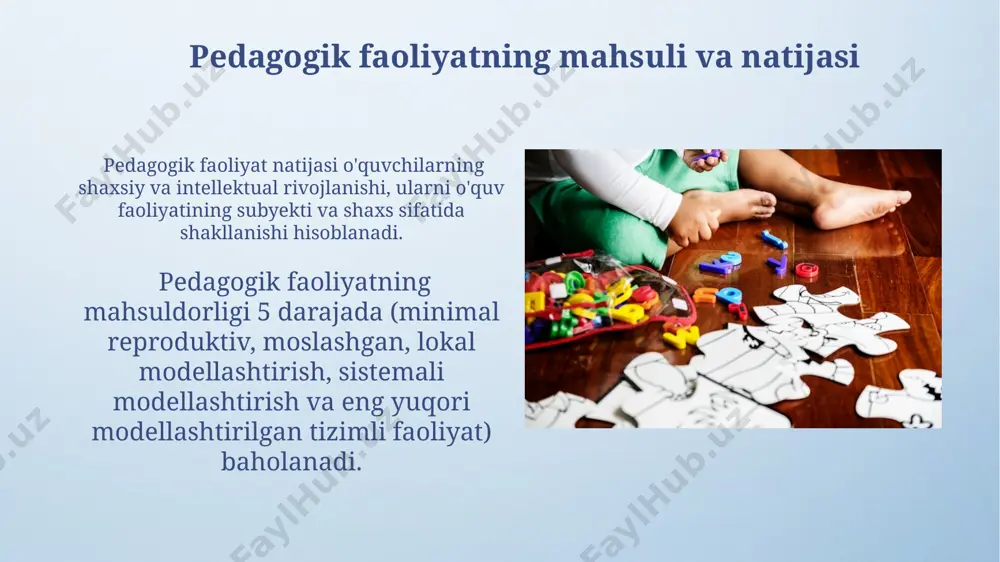 larning 3 xil darajasi (ijobiy, salbiy, neytral) o'quv jarayonining samaradorligiga sezilarli ta'sir ko'rsatadi, shuning uchun o'qituvchining o'z his-tuyg'ularini boshqarish ko'nikmalari muhim ahamiyatga ega. pedagogik jarayonning samaradorligi o'qituvchining 5 ta mahsuldorlik darajasiga (minimal reproduktivdan eng yuqori modellashtirilgan tizimli faoliyatgacha) bog'liq bo'lib, ularning har biri o'quvchilarning intellektual va shaxsiy rivojlanishiga turlicha ta'sir qiladi. o'qituvchining o'z-o'zini rivojlantirish o'qituvchining o'z-o'zini rivojlantirishida 5 ta asosiy bosqich mavjud bo'lib, ular minimal reproduktivdan eng yuqori modellashtirilgan tizimli faoliyatgacha yetib boradi. o'qituvchi o'z ustida muntazam ishlashi, psixologiyaning turli sohalari bo'yicha yangi bilimlarni o'zlashtirib borishi, kamida 5 yilda bir marta bilimlarini yangilash kerak. o'qituvchi va o'quvchi o'rtasidagi munosabatlar tadqiqotlar shuni ko'rsatadiki, 80% o'quv muvaffaqiyati o'qituvchi va o'quvchi o'rtasidagi ijobiy, ishonchli va qo'llab-quvvatlovchi munosabatlarga bog'liq. o'qituvchi va o'quvchilar o'rtasidagi munosabatlarning 3 ta asosiy komponenti: emotsional, kognitiv va xulq-atvor jihatlari o'zaro bog'liq holda shaxslararo munosabatlar dinamikasini belgilaydi. pedagogik faoliyatning psixologik asoslari pedagogik faoliyatning motivatsion sohasi tashqi va ichki motivlarga bo'linib, o'qituvchining …