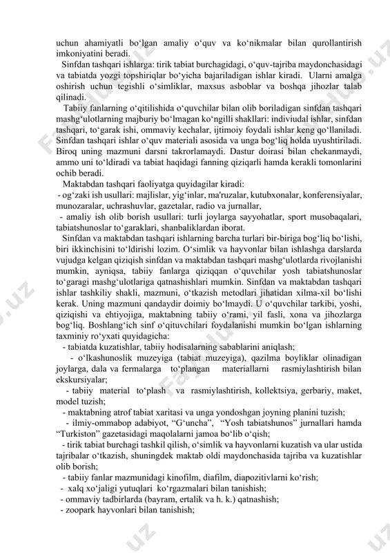 riy va amaliy tizimini to‘ldiradi. uning asosiy vazifasi o‘quvchilarning o‘qishdan tashqari vaqti mobaynida o‘zini-o‘zi tarbiyalash va ijtimoiy foydali mehnat bilan shug‘ullanishga yordam berishdan iborat. sinfdan tashqari mashg‘ulotlarni zamonaviy tashkil etish ijodiy jarayon bo‘lib, o‘qituvchidan chuqur nazariy bilim, amaliy ko‘nikma, malaka va kompetentsiyalar, xohish talab qilgani kabi o‘quvchilardan ham ularning intilishlari va ehtiyojlarini qondirishda mas’uliyat bilan yondashishni talab etadi. sinfdan va maktabdan tashqari ishlar o‘quvchilarni har tomonlama kamol toptirish va ularni hayotga, faol faoliyatga tayyorlash uchun keng imkoniyatga ega. bu ishlar o‘quvchilarning qiziqishlariga muvofiq tarzda ko‘ngillilik asosida tashkil qilinishi lozim. bu ishlar o‘quvchilarning o‘qituvchi rahbarligida ularning bilishga qiziqishlarini uyg‘otish, shuningdek, maktab dasturini kengaytirish hamda to‘ldirish maqsadida amalga oshiriladigan darsdan chetdagi ko‘pchilik faoliyat shakli bo‘lgan sinfdan tashqari ishlar nomini oladi. sinfdan va maktabdan tashqari tashkil qilingan mashg‘ulotlar o‘quvchilar hayotidagi tarbiyaviy faoliyatni to‘ldiradi. ularning dunyoqarashini to‘g‘ri shakllanishiga, axloqiy kamol topishiga ko‘maklashadi. nazariy bilimlarni amaliyot va ishlab chiqarish bilan chambarchas bog‘lanishiga zamin yaratadi. sinfdan …