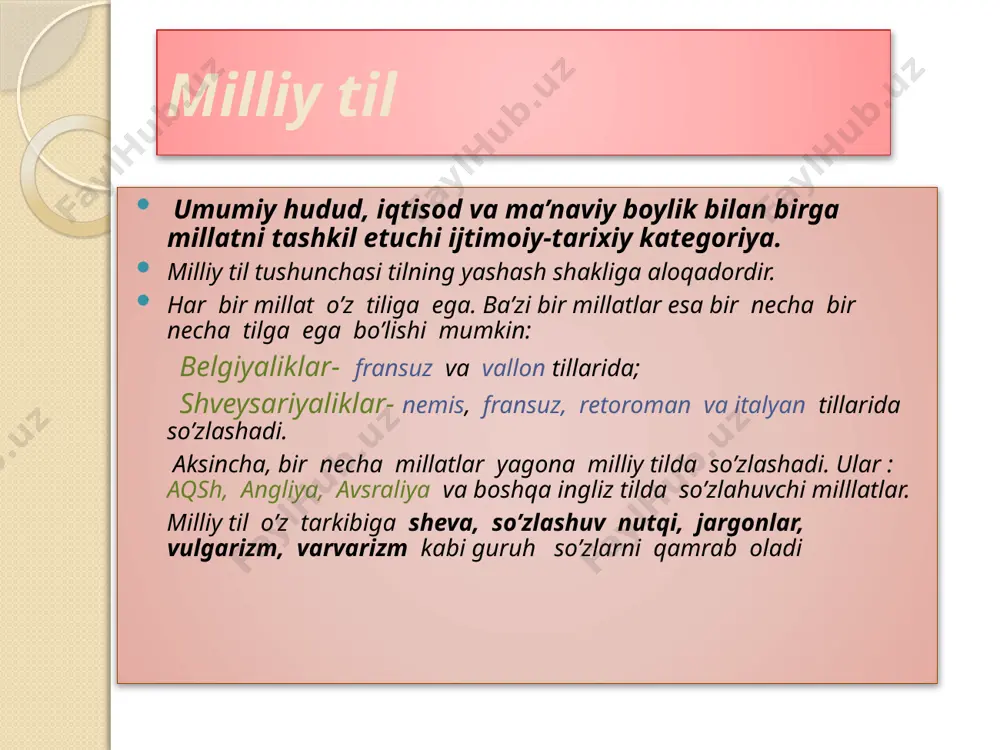 hlatiladi. tushhum kelishigi –ni o’rnida –di/-ti ishlatiladi. o’g’uz lahjasi janubiy xorazm shevalari birligidan tashkil topgan bo’lib, adabiy tildan quyidagicha farqlanadi: fonetik jihatdan: so’z boshidagi t tovushi d, k tovushi g shaklida talaffuz qilinadi: til-dil unlilar qisqa va choziq talaffuz etilganda: at- hayvon, a:d- nom leksik jihatdan: norvon- zangi, do’ppi-tahiya, ustara-pakki morfologik jihatdan: qaratqich kelishigi –ning –ing, jjo’nalish kelishigi –ga –a shaklida image3.jpeg /docprops/thumbnail.jpeg