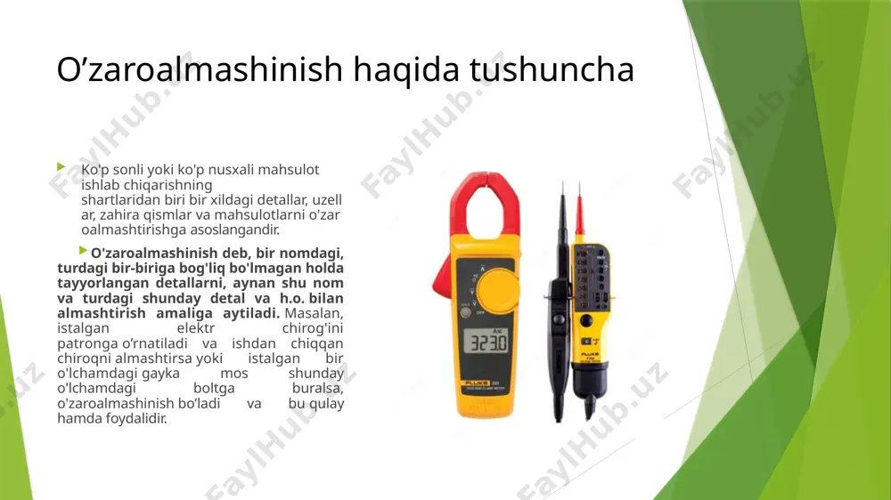 ylashib, o'z fuktsiyasini bajaribgina qolmasdan jarayonni buzilishiga yo'l qo'ymaslik bilan ifodalanadi. ob'yekt — bu avtonom blok bo'lib, priborlar yoki murakkab mahsulotga kiruvchi boshqa obektlardir. o’zaroalmashinish turlari. shunday qilib, yig'ish xossasi va teng baholi almashtirishrii bajarish, xohlagan bir tipli detallarni ikkinchi bir boshqa shu tipliga almashtira olish qobiliyati, bir korxonanirig ishlab chiqarish tsexida detallarni tayyorlab, boshqa birida yig'ish arnalini bajarish imkoniyatini beradi, qolaversa ko'p sonli va ko'p nusxali mahsulot ishlab chiqarishni yo'lga qo'yishga olib keladi. albatta yig'uv vaqtida standart briktiruvchi detallar, tebranish podshipniklari, elektrotexnik, charm va plastmassa mahsulotlari ishlatilishi lozim. agar shunday o’zaroalmashtirish amalga oshirilsa, detallar va zahira qismlar qo'shimcha ishlovsiz ishlatila olinsa, bu ishlab chiqarish korxonasi o'zaroalmashinuvchan deyiladi. o’tqazmalar va ularni hisoblash har qanday mashina, uzellar va detallardan yig'iladi. bir detal ikkinchi detalga biriksa, biriktiruvchisi qamrovchi, birikuvchisi qamraluvchi sirtlar bo'ladi. masalan, vint gaykaga o'rnatilsa gayka qamrovchi, vint qamraluvchi sirt bo'lib hisoblanadi. shakllaridan qat'iy nazar qamrovchi sirtlarni umumiy nomi teshik, qamraluvchilari …