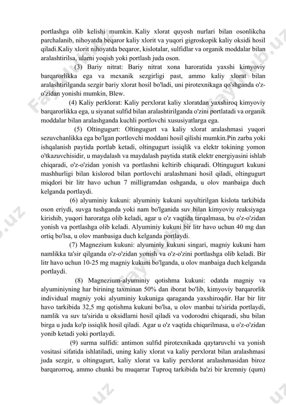 ang bo'lib, u tarkibida oltingugurt, ko'mir kukuni, kaliy nitrat, ba'zilarida esa kaliy xlorat mavjud. magniy kukuni, temir kukuni, alyuminiy kukuni, antimon kukuni va noorganik tuzlar chaqmoq chaqmoq, elektr nurli zambaraklar, pirotexnika va rang-barang otashinlar tayyorlashda ham qo'shiladi. fişekler va fişekler yoqilganda, ko'mir kukuni, oltingugurt kukuni, metall kukuni va boshqalar oksidlovchi ta'sirida tezda yonib, karbonat angidrid, uglerod oksidi, oltingugurt dioksidi, azot oksidi, azot dioksidi va boshqa gazlar va metall oksidi hosil bo'ladi. chang va katta miqdordagi chang yorug'lik va issiqlik fişeklerin portlashiga olib keldi. qog'oz qoldiqlari, tutun va zararli gazlar shovqin va olov bilan birga uchib yurib, chiqindilarni tutun va oltingugurt oksidlari, azot oksidlari, uglerod oksidlari va boshqa jiddiy havoni ifloslantirmoqda. ushbu gazlar inson nafas olish yo'llari va ko'zlariga ogohlantiruvchi ta'sir ko'rsatadi. pirotexnika vositasining pirotexnika vositalarining pirotexnika tarkibidagi asosiy xom ashyosi (1) kaliy nitrat: kaliy nitrat kuchli oksidlovchi hisoblanadi. pirotexnik kukunni tayyorlashda kaliy nitrat va ammoniy perxloratni aralashtirish maqsadga muvofiq emas. …