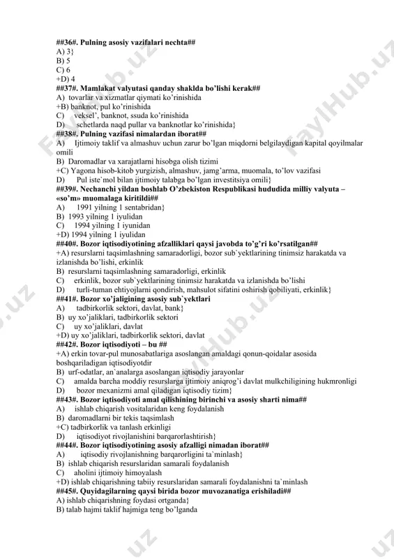 avlat tasarrufidan chiqarishning qaysi yo‘li erkin tadbirkorlikka keng imkoniyatlar ochib berishni ko‘zda tutadi## a) jamoa mulkiga aylantirish} b) ijaraga berish c) chet elliklarga sotish +d) xususiylashtirish ##29#. iqtisodiy islohotlar tarkibini ayting## +a) mulkiy, agrar, moliya-kredit, iqtisodiy, ijtimoiy islohotlar b) mulkiy munosabatlar c) iqtisodiy va ijtimoiy islohotlar d) mulkiy va agrar munosabatlar} ##30#. natural xo’jalik nima## a) ishlab chiqarishni tashkil etish mashina va texnikalarga emas, kul mehnatiga asoslangan xo’jalik b) jamiyat uchun tabiiy natural mahsulotni ishlab chiqaruvchi xo’jalik +c) bozorda sotish uchun emas, balki xo’jalikning o’z xodimlari va ishlab chiqaruvchilarining iste`moli uchun mahsulotlar ishlab chiqariladigan xo’jalik d) aholi va tashkilotlarga sotish uchun iste`mol tovarlari ishlab chiqaruvchi xo’jalik} ##31#. natural xo‘jalikning tovar xo‘jaligidan farqi nimada## a) natural xo‘jalikda natural xo‘jaligidagi mahsulot tovar emas faqat sof mahsulot tabiiy holda olinadi +b) tovar xo‘jaligida ishlab chiqarilgan mahsulot, natural xo‘jalikdagidan farqli o’laroq almashinadi yoki bozorda sotiladi c) tovar xo‘jaligida ishlab chiqarilgan mahsulot sifati yuqori bo’ladi …