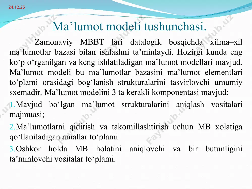 qli modelda tasvirlanishi keltirilgan. * tarmoqli mb turida ma’lumotlar bilan quyidagi ishlarni bajarish mumkin. mb yozuvlarini qidirish yangi yozuvni yaratish joriy yozuvni olib tashlash joriy yozuvni tiklash yozuvni bog`lanishga qo`shish yozuvni boglanishdan olib tashlash bog`lanishlarni o`zgartirish * misol relyatsion model relyatsion modelda ma`lumotlar jadval ko`rinishida taqdim etiladi jadval qatorlari – ma`lumotlar, ustunlari esa alohida maydonlar hisoblanadi. * xizmatchi nomeri f.i.sh unvoni tugilgan yili mutaxassis kodi mansab maosh xn fish un ty mk mb msh 2518 valiev s.p. t.f.n. 1985 pm dots 260000 2567 soliev i.t. t.f.d. 1987 evm prof. 360000 3245 aliev s.i. t.f.n. 1988 pm ilm.xodim 280000 3267 boriev a.o. akad. 1982 asu prorek. 400000 relyatsion ma`lumotlar bazasi relyasion mb – o‘zaro bog‘langan jadvallardan iborat. har bir jadval bir turdagi ob’ektlar to`g‘risida ma’lumotlarni o‘z ichiga oladi. barcha shunday jadvallar to‘plami mb tashkil etadi. mb tashkil etuvchi jadvallar tashqi xotira kataloglarida fayl ko‘rinishida joylashadi va bu fayllarni boshqa xujjatlar kabi …