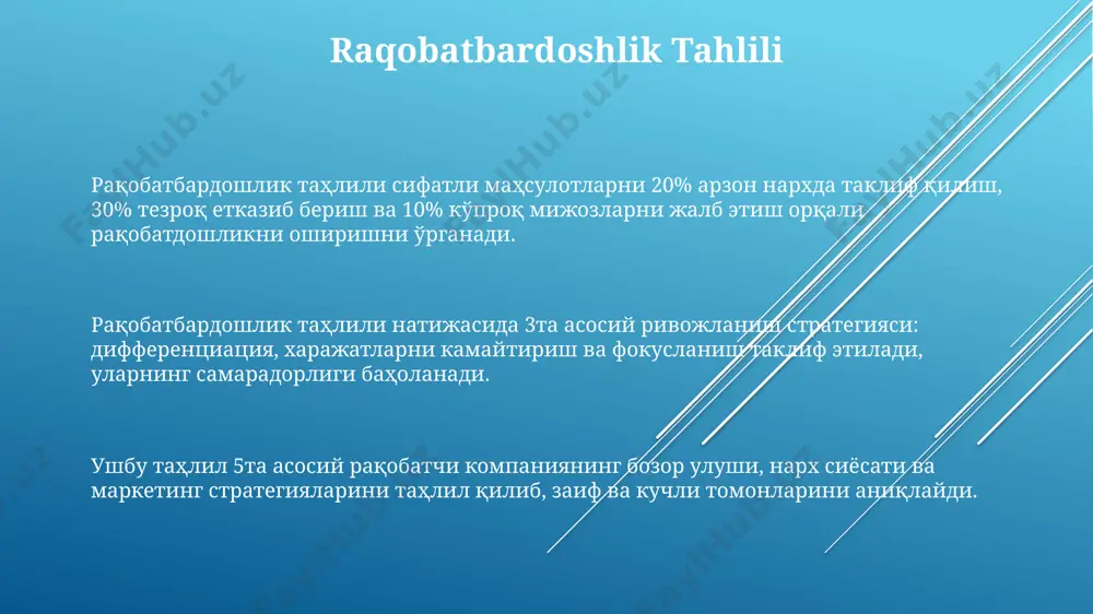 darajadagi raqobat sharoitida bu ko'rsatkichlar o'zgaradi. innovatsiyani kommersializatsiya qilish xarajatlari loyihaning hajmi va murakkabligiga bog'liq bo'lib, o'rtacha 50,000$ dan 5,000,000$ gacha yetadi, bu esa investorlarning xavfini hisobga olishni talab qiladi. innovatsiyalarni kommersializatsiya qilish jarayoni o'rtacha 3-5 yilni tashkil etadi va 10 ta asosiy bosqichdan iborat bo'lib, ulardan 2 tasi moliyaviy investitsiyalarni jalb qilishga bag'ishlangan. agile va lean metodologiyalari agile metodologiyasi 1-2 hafta davom etadigan sprintlarga asoslangan bo'lib, tezkor iteratsiyalar va mijozlar bilan doimiy aloqani ta'minlaydi, bu esa 3-5 kishilik kichik jamoalarda samaraliroq ishlaydi. agile va lean metodologiyalarining integratsiyasi, ya'ni "lean agile" yondashuvi, loyiha bajarilishini tezlashtirish va xarajatlarni 20% gacha kamaytirish imkoniyatini beradi, bu esa 10% dan ko'proq samaradorlik o'sishini ta'minlaydi. lean metodologiyasi esa qimmatli narsalarga e'tibor qaratib, behuda sarf-xarajatlarni va jarayonlardagi isroflarni kamaytirishga qaratilgan bo'lib, 80/20 qoidasiga asoslanadi. texnologiyalarni baholash va tanlash янги технологияларни жорий этишдан олдин 2-3 та сценарийни моделировка қилиш, потенциал фойда ва зарарларни таҳлил қилиш, оптимал стратегияни …