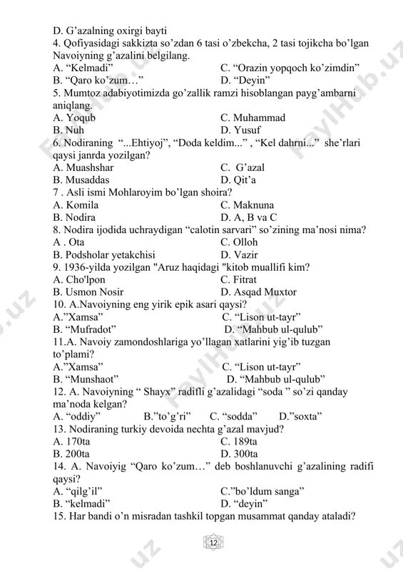 kechikibsan , ko’kning fonusi... “ deb “mirzo ulug’bek” fojiasida qaysi qahramon oyga murojaat qiladi? a. ulug’bek c. abdullatif b. abbos d. sakkokiy 4 . ochil buva, akbarali qaysi asar qahramonlari? a. “kecha va kunduz” c. “mehrobdan chayon” b. “chinor” d. “ufq” 5. “atlas”, “dushman”, “so’nggi kun”, “zafar” kabi dramalar muallifi kim? a. g’. g’ulom c. behbudiy b. usmon nosir d. hamza 6. “ufqdan botar quyoshni shart kesilgan boshga o’xshatdim” misralari usmon nosirning qaysi she’ridan olingan? a. “yana she’rimga” c. “nil va rim” b. “yurak” d. “monolog” 7. “toj boshdagi fikrga qafas” degan gaplarni “mirzo ulug’bek” fojiasida qaysi adabiy qahramon aytgan? a. ulug’bek c. piri zindoniy b. abdullatif d. qozi miskin 8. “tortiq” nomli dastlabki hikoyalar to’plamini yozgan adib...? a. cho’lpon c. abdulla qahhor b. g’afur g’ulom d. said ahmad 9. “xayriyat, tegmabdi, dedi .yana miltiqni o’qladi. bu gal bolani mo’ljalga olmadi”. parcha qaysi asardan olingan? a. s. ahmad “ufq” c. …
