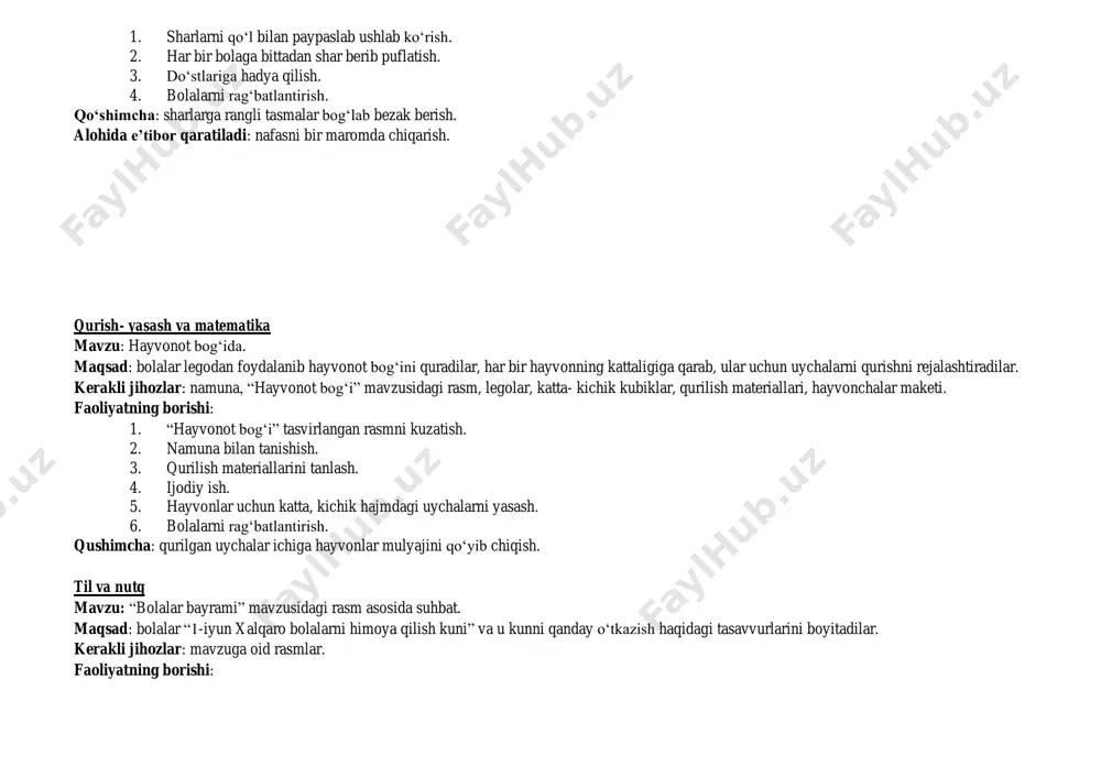 lalar rollarini muhokama qilish. 6. bolalarni rag‘batlantirish. alohida e’tibor qaratiladi: jamoadagi ahillik. fan va tabiat mavzu: sovunli kо‘pikchalar maqsad: bolalar sovun kо‘pikchalarini hosil qilishni biladilar va unga qiziqish bildiradilar. kerakli jihozlar: suyuq sovun, naycha (trubochka), baklajka, suv, salfetka. faoliyatning borishi: 1. vazifani tushuntirish. 2. tajriba uchun qо‘yilgan jihozlarni kuzatish. 3. suyuq sovun va suvni chayqatib kо‘rish. 4. suyuq sovun va suvni naychalar yordamida aralashtirish. 5. baklajkaga naychani solish va puflash orqali sharchalar hosil qilish. 6. bolalarni rag‘batlantirish. alohida e’tibor qaratiladi: xavfsizlik va tartib. iyun oy mavzusi: baxtli bolalik! guruh kichik mavzu qushlar - bizning dо‘stimiz muddati iyun 2-hafta rivojlanish sohalariga oid maqsadlar jismoniy rivojlanish va sog‘lom turmush tarzining shakllanishi muvozanatni saqlab yuradi, uch oyoqli velosipedda uchadi, arqon ustida yuradi, buyumlarni bir idishdan ikkinchi idishga joylaydi. ta’mni aniqlaydi,mustaqil qoshiqdan foydalanadi va ovqatdan sо‘ng og‘zini chayadi. ijtimoiy-hissiy rivojlanish о‘z ehtiyojlarini bildiradi, tabiatga nisbatan qiziqish bildiradi, hamdardlik bildiradi, salbiy harakatlarga о‘z munosabatini bildiradi. …
