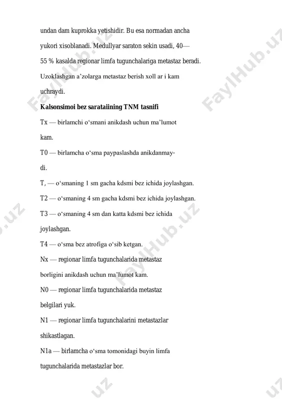 in- ganda surab-surishtirish, paypaslanadigan tugunni punksiya kilish, ultratovush, radioizotop, sitologik va gistologik tekshirishlar kullaniladi. qolqonsimon bezni punksion biopsiya kilish 55—90 % bemorlarda uzil-ke- sil tashxis kuyishga yordam beradi. kupgina bemorlarda sitologik tekshirishlar asosida o‘smaning gistologik tuzilishini xam aniklash mumkin. buyindagi kattalash- gan limfa tugunchalarini punksiya kilish mu\im ax,ami- yatga ega. shu yul bilan qolqonsimon bezning paypaslan- maydigan saratonlariga tashxis kuyish, limfogranulematoz, tuberkulyoz va boshka kasalliklar bor yoki yukligini aniklash mumkin. radioizotop ssintigrafiya qolqonsimon bez tukima- sida radioaktiv yod va boshka moddalar tuplanishiga asos- langan. saratonning uzida yod kam mikdorda, ammo bez tukimasida yaxshi tuplanadi, bu esa diametri 1,5 sm dan katta bulgan o‘smalarni aniklashga yordam beradi. ssintigrafiya operatsiyadan keyin qolqonsimon bezning kolib ketgan kismini va metastazalarini anikdashda katta axamiyatga ega. keyingi yillarda ultratovush bilan kolqonsimon bezni tekshirish amaliyotda keng kullanilmokda. uning yordamida kichkina paypaslanmaydigan o‘smalar va buyindagi regionar, diametri 1 sm bulgan tugunchalarni anik- lashning imqoni bo‘ladi. ba’zida o‘sma kobik …