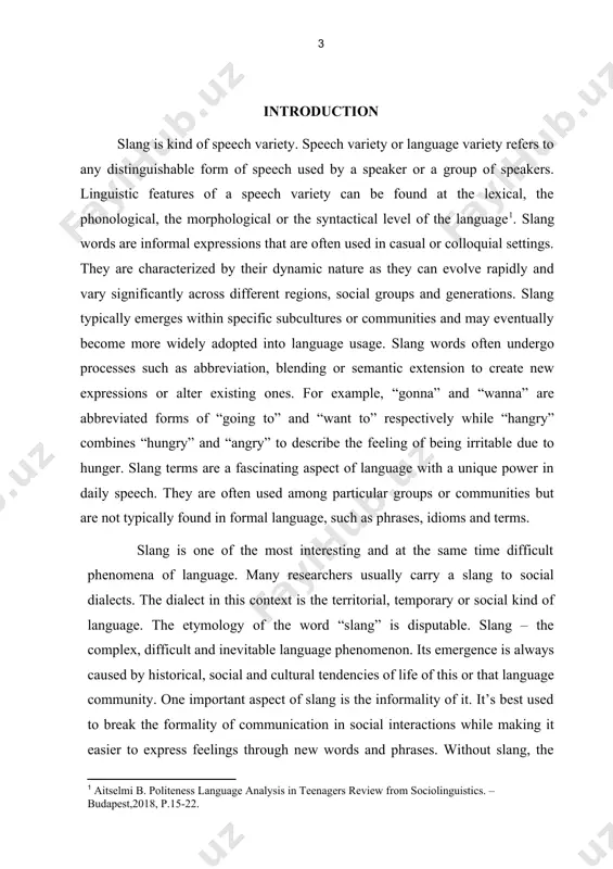 rtance of slangs in modern lexicology; · to analyze types of slang; · to identify similarities and distinctive features between slangs and standard language usage. the theoretical and practical values of the course paper are to study creation of slangs and to identify the role of slangs and then to provide theoretically approved and analyzed examples of slangs in lexicology. the theoretical value of this work lies in its emphasis on providing learners with a knowledge of understanding slangs and its role in modern lexicology. the practical part of the course paper can offer practical guidance for implementing slangs in the communication. it lies in its ability to provide valuable insights, strategies and resources that can be applied in various real-world contexts. the main research methods in this work include comparative as used to analyze similarities and differences between slangs and standard language usage, descriptive, that is used to describe …