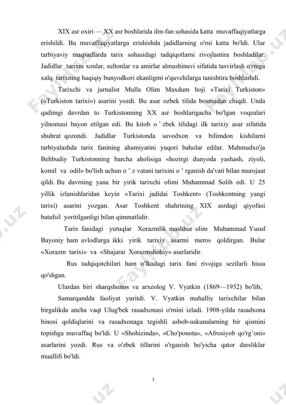 «afrosiyob qo'rg’oni» asarlarini yozdi. rus va o'zbek tillarini o'rganish bo'yicha qator darsliklar muallifi bo'ldi. 1895-yilda tashkil etilgan arxeologiya havaskorlari to'garagining qatnashchilari o'lkadagi tarixiy yodgorliklarni o'rganishga kirishdi. garchi qidiruv va qazish ishlari kamdan kam o'tkazilgan bo'lsa-da, ular ayrim arxeologik obyektlarni izlab topish va yodgorliklarni tavsiflash bilan shug'ullanib, sohaga muayyan hissa qo’shdilar. o 'zingizni sinang! mulla olim maxdum hoji — v. vyatkin — 1895-yilda muhammad solih — yusuf bayoniy — o'rta osiyoni imperiyaning bir qismiga aylandi deb hisoblagan mustamlakachi hukumat o'lkani faol o'zlashtirish maqsadida ilm-fanni rivojlantirishga ham harakat qildi. eng avvalo, 1867-yilda mintaqaning bosh xaritasi tuzib chiqildi. hududni xaritalashtirish va iqlimini o'rganish uchun toshkentda meteorologiya stansiyasi tashkil etildi. mutaxassislar yetishmasligi sababli uzoq vaqt davomida keng ko'lamli ilmiy tadqiqotlarni shakllantirish amalga oshlrilmadi. faqat xix asrning 90-yillarida va xx asr boshlarida o'rta osiyoning tabiiy boyliklarini o’zlashtirish bilan bog'liq bo'lgan tadqiqot ishlari avj oldi. mashhur rus zoologi va sayyohi n. a. seversev pomir tog' tizrmini …