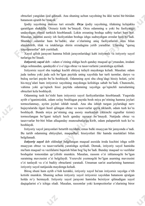 aytib bo’lgan so’zlari asosida o’qigan kitoblarimiz asosida xayoliy tasavvur va obrazlar yaratamiz. masalan, bolalar kitobchalardan o’qib berilgan ertaklardagi qahramonlarni ularning bag’oyat botirliklarini, qo’rqoqliklarini va bir-birlariga yordam berishlarini xayoliy tasavvur orqali aks ettiradilar. tiklovchi yoki tasavvur xayoli jarayonida odam ko’z oldiga keltirayotgan obrazning ob'ekti haqiqatdan ham muayyan bir joyda bo’lganligini anglatadi. tasavvur yoki tiklovchi xayol bog’cha yoshidagi bolalarda ham bo’ladi. masalan: ularga o’qib berilayotgan hikoyani eshitar ekanlar, hikoyadagi afsonaviy qahramonlar, ularning baland g’oyalar ustidagi qurilgan qasrlari ko’z o’ngilarida gavdalana boshlaydi. ijodiy xayol - deb tajribamizda bo’lmagan va voqelikning o’zida ham uchratmagan narsa va hodisalar haqida tasavvur hamda obrazlar yaratishdan iborat xayol turiga aytiladi. ijodiy xayol murakkab aks ettirish jarayoni bo’lib, odamning hayotida juda katta ahamiyatga egadir. odam o’zining ijodiy xayoli orqali biror yangi, shu paytgacha ko’rilmagan narsa yaratadi. masalan: yozuvchi asari uchun tipik obraz yaratganda uning xayoli ijodiy bo’ladi. tadqiqotchining biror tadqiqot ustida ishlaganida ham uning xayoli ijodiy bo’ladi. ijodiy xayol …