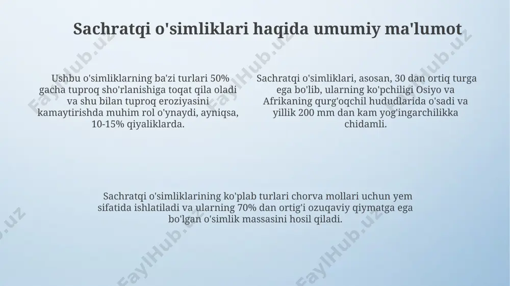 samaradorligini 30% ga oshirish mumkin. vertikal fermerchilik va gidroponika texnologiyalari sachratqi ekinlarining yillik hosilini 2-3 barobarga oshirish potentsialiga ega. sachratqi o'simliklarining genetik modifikatsiyasi bo'yicha tadqiqotlar 15% ga hosildorlikni oshirish va 20% ga suv iste'molini kamaytirish imkoniyatini beradi. qishloq xo'jaligida texnologiyalarni joriy etish sensorlar va dronlardan foydalanib, oʻsimliklarning holatini monitoring qilish va zararkunandalarga qarshi kurash choralari rejasini 5-7 kun oldin aniqlash mumkin. qishloq xoʻjaligida yuqori hosildorlikka erishish uchun 1 gektar maydonga kamida 30% gacha suv tejovchi sugʻorish texnologiyalarini qoʻllash samaradorligini oshiradi. precision farming yondashuvi orqali oʻgʻit va pestisidlarning optimal miqdorini aniqlash, 15-20% gacha hosilni oshirish va xarajatlarni kamaytirish imkonini beradi. begona o'tlarga qarshi kurash begona o'tlar bilan kurashda integratsiyalashgan yondashuv - agrotexnikaga asoslangan usullar (masalan, tuproqni yaxshilash, o'g'itlash) bilan biologik vositalarni (masalan, foydali mikroorganizmlar) birgalikda qo'llash samaradorligini 30-40% ga oshirishi mumkin. herbitsidlarni qo'llashda, optimal dozalashni aniqlash uchun 0,5-1 gektar maydonlarda tajriba o'tkazish va keyinchalik natijalarga qarab kerakli miqdorni aniqlash muhimdir. begona …