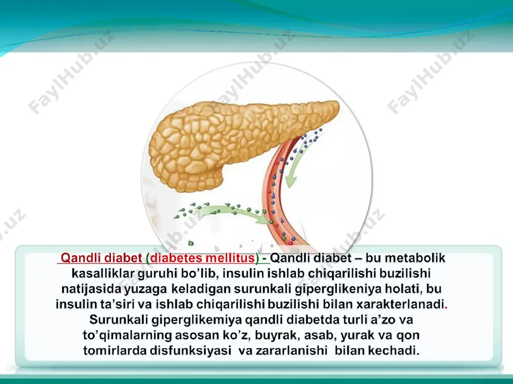 b, ular somatostatin gormonini ishlab chiqaradi insulin xususiysti insulin bu: - oqsil modda bo’lib, molekuyar og’irligi 6000 teng. - 51 ta aminokislota qoldiqlaridan tashkil topgan. - 2 ta polipeptid zanjiriga ega a va b , o’zaro disulfid ko’prikchalar bilan birlashadi. * insulinning sutkalik ehtiyoji 40 tb tashkil qiladi. * qondan insulin jigarga tushadi , u yerda uning yarmi inaktivasiyalashadi. - bir qisni oqsil bilan bog’lanadi., qolgan qismi erkin qoladi. - erkin qismi barcha insulinga sezuvchi to’qimalarga ta’sir qiladi. - bog’langan qismi - faqat yog’ to’qimsiga ta’sir qiladi. glyukoza insulin glyukoza glyukoza kanali insulik reseptorlari hujayra tanasi hujayra tanasi hujayra ichidagi glyukoza yadro yadro glyukoza kanali orqali hujayraga glyukoza kirishi insulin reseptorda, glyukoza kanallarining ochilishi stumulyatorlar genlar? virus? diyeta ? nasliy moyillik qo’zg’atuvchilar viruslar? diyeta? autoimmun jarayon yo’q autoimmun jarayon remissiya klinik diabet oylar va yillar davomida beta hujayraning destruksiyasi rivojlanib boradi endogen insulin sekresiyasining etishnasligi ekzogen insulin kiritilishining zarurati yil …