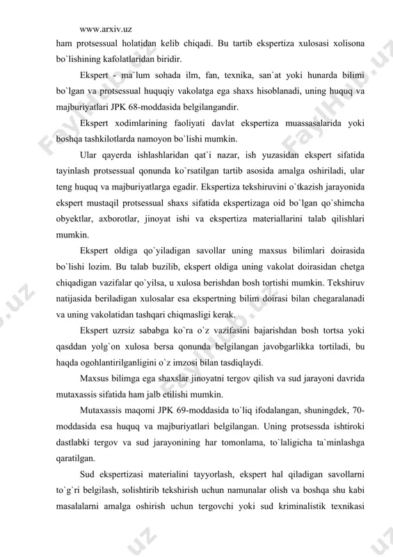 tergov qilish va sud jarayoni davrida mutaxassis sifatida ham jalb etilishi mumkin. mutaxassis maqomi jpk 69-moddasida to`liq ifodalangan, shuningdek, 70-moddasida esa huquq va majburiyatlari belgilangan. uning protsessda ishtiroki dastlabki tergov va sud jarayonining har tomonlama, to`laligicha ta`minlashga qaratilgan. sud ekspertizasi materialini tayyorlash, ekspert hal qiladigan savollarni to`g`ri belgilash, solishtirib tekshirish uchun namunalar olish va boshqa shu kabi masalalarni amalga oshirish uchun tergovchi yoki sud kriminalistik texnikasi sohasidagi mutaxassis maslahatini olishi mumkin. ekspertiza tayinlash davrida tekshiruv obyektlarini ko`chirib olish, mustahkamlash, tekshiruv vazifasini aniq belgilab, savollarni ekspertiza predmetiga oid ravishda turli tadbirlarini amalga oshirishda kriminalist mutaxassisning yordami juda muhim. kriminalistika fani sohasidagi mutaxassis dalillarni topish, olish va mustahkamlashda, kriminalistik ilmiy-texnika vositalarni qo`llashda, ayrim holatlar yuzasidan tegishli maslahatlarni berib ko`maklashadi. masalan, qotillik jinoyati sodir bo`lgan joyni ko`zdan kechirishda jabrlanuvchining murdasini tekshirib, o`lim vaqti va sababini taxmin qilishda, jarohatlar qanday qurol bilan yetkazilganligini aniqlashda, o`q-otish quroli qo`llanilganligi, u qanday masofadan va qayerdan turib yetkazilganligini …