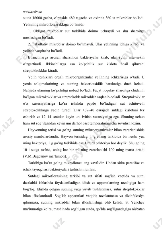 yalari tushishi mumkin. sutdagi mikroflorasining tarkibi va sut sifati sog’ish vaqtida va sutni dastlabki ishlashda foydalaniladigan idish va apparatlarning tozaligiga ham bog’liq. idishda qolgan sutning yuqi yuvib tashlanmasa, sutni streptokokklar bilan ifloslantiradi. sog’ish apparatlari vaqtida tozalanmasa va dizinfektsiya qilinmasa, sutning mikroblar bilan ifloslanishiga olib keladi. s. yenchev ma‘lumotiga ko’ra, mashinada sog’ilgan sutda, qo’lda sog’ilgandagiga nisbatan bakteriyalar soni 6–12 marta ko’p bo’ladi. shuning uchun sog’ish apparatlari va idishlarini issiq suv bilan soda qo’shib, yuvish kerak. sutni saqlash vaqtida undagi mikroblarining o’zgarishi. sutni sog’gandan keyin unga har xil yo’llar bilan mikroblar tushadi. natijada sutni saqlash vaqtida undagi mikroblar soni jihatidan ham, sifat jihatidan ham o’zgaradi. bunday o’zgarish asosan sutni temperaturasiga, saqlash vaqtiga va sutning tarkibidagi mikroblarga bog’liq bo’ladi. toza sog’ib olingan sutda ma‘lum vaqtgacha mikroblar o’zgarmasdan turadi. ma‘lum vaqtdan keyin bir necha fazada o’zgaradi. sutning antimikrobli fazasida yangi sog’ilgan sutdagi mikroblar rivojlanmaydi. ba‘zilar shu fazani bakteriotsid faza deb aytadi. ammo olimlardan i.i.arxangelskiy, …
