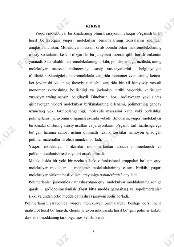 lar olishning asosiy usullari va jarayonlarini o‘rganib turli tuzilishga ega bo‘lgan hamma sanoat uchun qimmatli texnik xossalar namoyon qiladigan polimer materiallarini olish mumkin bo‘ladi. yuqori molekulyar birikmalar monomerlardan asosan polimerlanish va polikondesatlanish reaktsiyalari orqali olinadi. molekulasida bir yoki bir necha xil aktiv funktsional gruppalari bo‘lgan quyi molekulyar moddalar ( monomer molekulalarining o‘zaro birikib, yuqori molekulyar birikma hosil qilish jarayoniga polimerlanish deyiladi. polimerlanish jarayonida qatnashayotgan quyi molekulyar moddalarning soniga qarab ( go`lopolimerlanish (faqat bitta modda qatnashsa) va sopolimerlanish (ikki va undan ortiq modda qatnashsa) jarayoni sodir bo‘ladi. polimerlanish jarayonida yuqori molekulyar birimalardan boshqa qo‘shimcha mahsulot hosil bo‘lmaydi, chunki jarayon nihoyasida hosil bo‘lgan polimer tarkibi dastlabki moddaning tarkibiga mos kelishi kerak. kurs ishinig maqsadi: . yuqori molekulyar birikmalar n-vinillaktam polimerlari va sopolimerlarining olinishi, xossalari va tibbiyot sohasida qo‘llanish imkoniyatlarini o‘rganib tahlil qilishdan iborat. ana shu qo‘yilgan maqsad asosida quyidagi natijalarga erishildi: · qator adabiyotlar tahlili asosida yuqori molekulyar birikmalarning tibbiyotdagi ahamiyati o‘rganildi. …