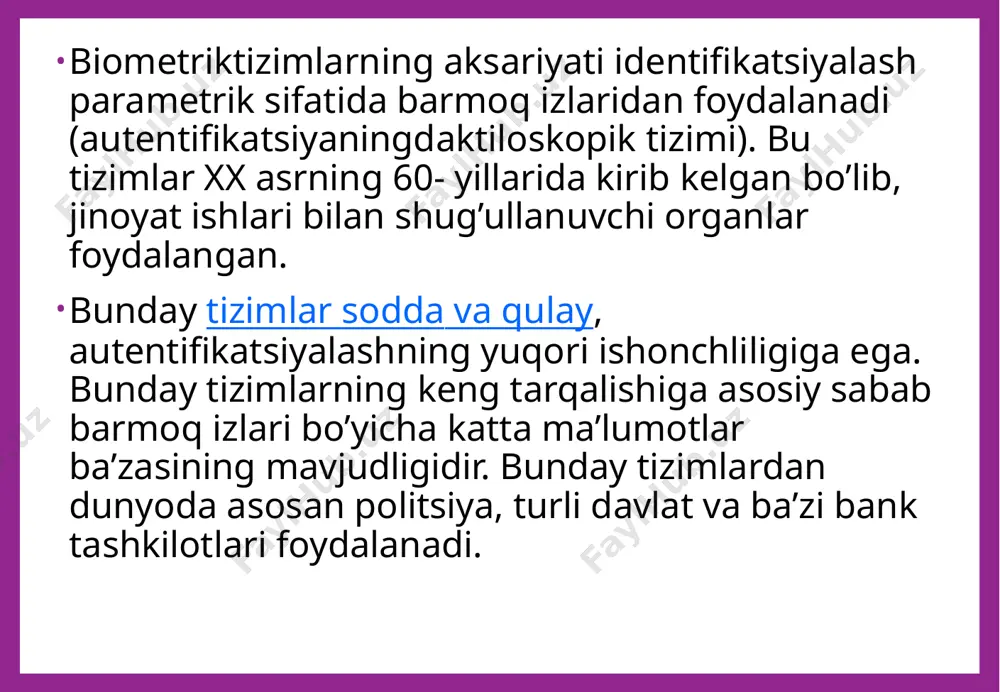 ini ochadi. barmoq izini tavsiflash; ovoz bo’yicha autentifikatsiyalash tizimlari ko’z yoyi to’r pardasining shakli bo’yicha autentifikatsiyalash tizimi; elektron imzo bo’yicha autentifikatsiyalash tizimi yuzning tuzilishi bo’yicha autentifikatsiyalovchi tizimlar; bunday texnologiyalarni ishlab chiquvchi kompaniyalar barmoq izlarini olishda turli, xususan elektrik, elektromagnit va boshqa usullarni amalga oshiruvchi vositalardan foydalanadilar. skanerlardan biri barmoq izi tasvirini shakllantirish maqsadida teri qismlarining sig’im qarshiligini o’lchaydi. masalan, veridicom kompaniyasining daktiloskopik qurilmasi yarimo’tkazgichli datchik yordamida sig’im qarshiligini aniqlash orqali axborotni yig’adi. sensor ishlashining prinsipi quyidagicha: ushbu asbobga qo’yilgan barmoq kondensator plastinalarining biri vazifasini o’taydi.sensor sirtida joylashgan ikkinchi plastina kondensatorning 90000 sezgir plastinkali kremniy mikrosxemasidan iborat. sezgir sig’im datchiklari barmoq sirti do’ngliklari va pastliklari orasidagi elektrik maydon kuchining o’zgarishini o’lchaydi. natijada do’ngliklar va pastliklargacha bo’lgan masofa aniqlanib, barmoq izi tasviri olinadi. integral sxema asosidagi sensorli tekshirishda authenteckompaniyasida ishlatiluvchi usul aniqlikni yana ham oshirishga imkon beradi. bu usul bo’yicha asosiy skaner sifatida identix kompaniyasining touchsafe ii skanerlarini keltirish mumkin. bu skaner …