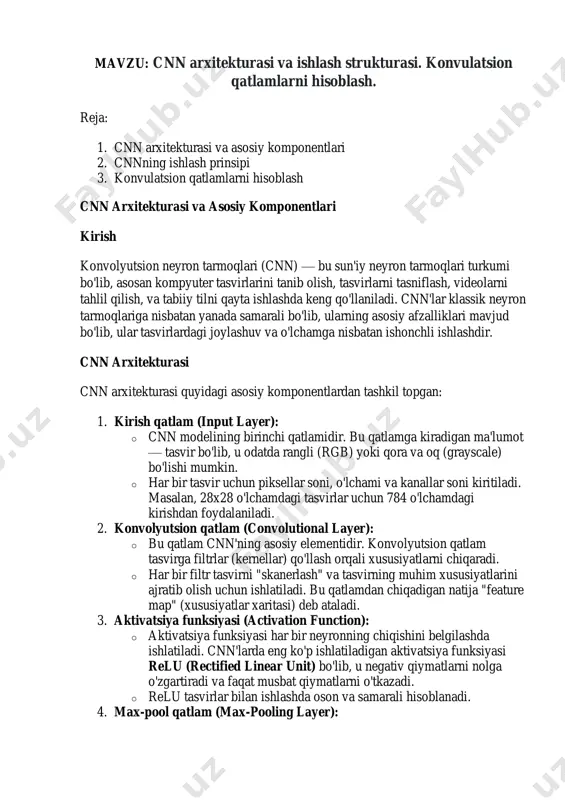 negativ qiymatlarni nolga o'zgartiradi va faqat musbat qiymatlarni o'tkazadi. o relu tasvirlar bilan ishlashda oson va samarali hisoblanadi. 4. max-pool qatlam (max-pooling layer): o max-pooling qatlam konvolyutsion qatlamdan so'ng joylashgan bo'lib, tasvirni kichraytirish va uning eng muhim xususiyatlarini saqlab qolish uchun ishlatiladi. o bu qatlam, odatda, 2x2 yoki 3x3 o'lchamdagi maydonlarda maksimal qiymatni tanlab oladi. max-pooling, xususiyatlarni aniqroq ajratib olish va hisoblashning samaradorligini oshiradi. 5. to'liq bog'langan qatlam (fully connected layer): o cnn oxirida to'liq bog'langan qatlam joylashgan. bu qatlam tasvirning o'ziga xos xususiyatlarini o'rganib chiqadi va yakuniy tasniflash yoki prognoz qilishni amalga oshiradi. o bu qatlamda har bir neyron oldingi qatlamdagi har bir neyron bilan bog'langan. 6. chiqish qatlam (output layer): o chiqish qatlamining vazifasi modelni yakunlash va tasniflashni amalga oshirishdir. agar tasvirni turli sinflarga ajratish kerak bo'lsa, chiqish qatlamida sinf soniga teng neyronlar bo'ladi. bu qatlamda softmax funksiyasi qo'llaniladi, bu esa har bir sinf uchun ehtimolliklarni hisoblaydi. cnn …