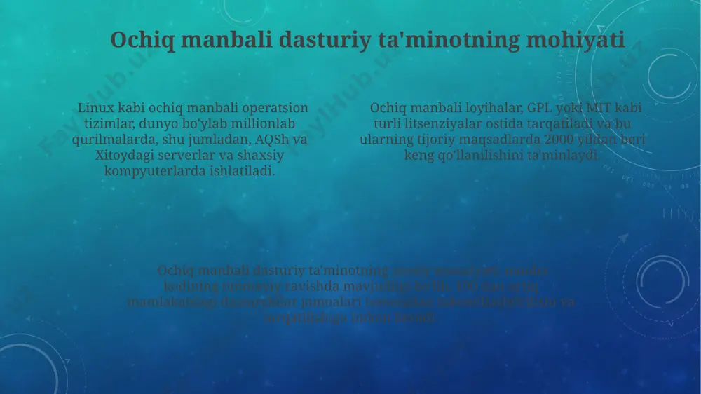 ortiq mamlakatida 5 milliondan ortiq dasturchi hamjamiyatga bepul foydali dasturlarni taqdim etdi. ochiq manba kodli loyihalar, masalan, linux yadrosi, dunyo bo'ylab millionlab foydalanuvchilarga bepul va ishonchli operatsion tizimlarni taqdim etib, infratuzilma xarajatlarini sezilarli darajada kamaytirdi. kelajakdagi istiqbollar va rivojlanish yo'nalishlari ochiq manbali dasturiy ta'minotning kelajagi sun'iy intellekt va katta ma'lumotlar tahlili bilan chambarchas bog'liq bo'lib, 2025 yilga kelib dunyo bo'ylab 500 million dan ortiq foydalanuvchi bazasiga ega bo'ladi. o'zbekistondagi ochiq manbali loyihalar soni 2023 yildan 2028 yilga qadar 3 barobar ko'payishi va xalqaro hamjamiyat bilan 100 dan ortiq qo'shma loyihalar amalga oshirilishi kutilmoqda. blockchain texnologiyalari va decentralizatsiyalangan avtonom tizimlar (dao) ochiq manbali dasturlarni boshqarish va rivojlantirishda muhim rol o'ynab, 2030 yilga kelib dunyoning 15 ta yirik shaharida keng qo'llaniladi. ochiq manbali dasturiy ta'minotni ishlab chiqish jarayoni ochiq manbali dasturiy ta'minotni ishlab chiqishda 100 dan ortiq dasturchi, shu jumladan, hindiston va aqshdan bo'lgan mutaxassislar github platformasidan foydalanib, 5000 dan ziyod kod …