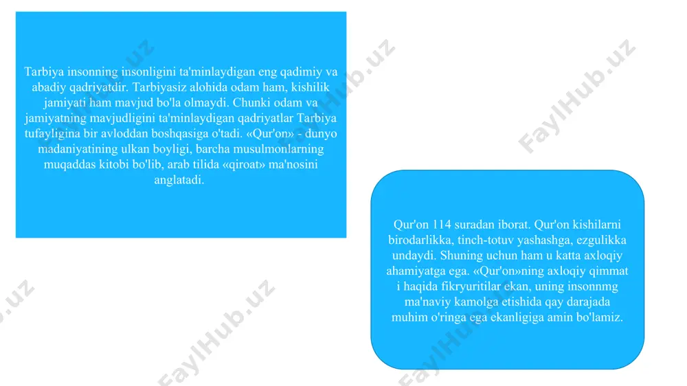 dlarning halol, pok, mehnatkash, ilmga intiluvchi, kattalarni, ayniqsa, ota-onani hurmatlash ruhida tarbiyalashni shart qilib qo’ygan. masalan, rasululloh hadislarida e’tiboringiz uchun rahmat