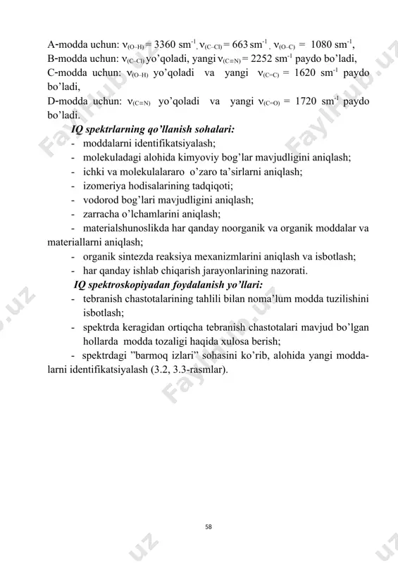 ntifikatsiyalash (3.2, 3.3-rasmlar). 3.2. rasm. toluolning iq spektri. 3.3-rasm. sirka kislota etil efirining iq spektri. 3.2. tebranma spektrlarning klassik nazariyasi asoslari kvant mexanikasi qonunlariga binoan molekulalardagi yadro skeletining tebranishini klassik nuqtai nazardan yaxshi tahlil qilish mumkin. hozirgi zamonda klassik sxemalar bilan tebranishlarning chastota va shakllarini hisoblashdan tashqari, tebranishlarga teskari bo`lgan kuch doimiyliklari (potensial energiya funksiyasi koeffitsiyenti)ni ham aniqlash mumkin. tebranma harakatlarning yechimini topish uchun fizik model sifatida nuqtaviy massalar tizimi asos qilib olingan. ular bir-biri bilan mustahkam kuchlar bilan bog`langan bo`lib, nazariy fizika tenglamalarining xususiy hosilasi kabi (lagranj va gamilton shaklida) harakat tenglamalaridan foydalanadilar. tenglamani tuzish uchun kinetik energiyani ifodalovchi (t) yoki potensial energiyani ifodalovchi (v) umumiy koordinatalar yoki ular bilan bog`liq impulslardan foydalanadilar. material (fizikaviy) nuqtalar tizimini olib qarasak, ularning ichki tebranishlar soni 3n-6 (yoki 3n-5) deb qabul qilingan edi (ub spektroskopiya mavzusiga qarang). ularning tabiiy koordinatalari qi(i=1,2...n) bo`lsa, bu koordinatalar uchun energiyalar (3.1) bunda muvozanat nuqtadagi ti,j-massa funksiyasini …