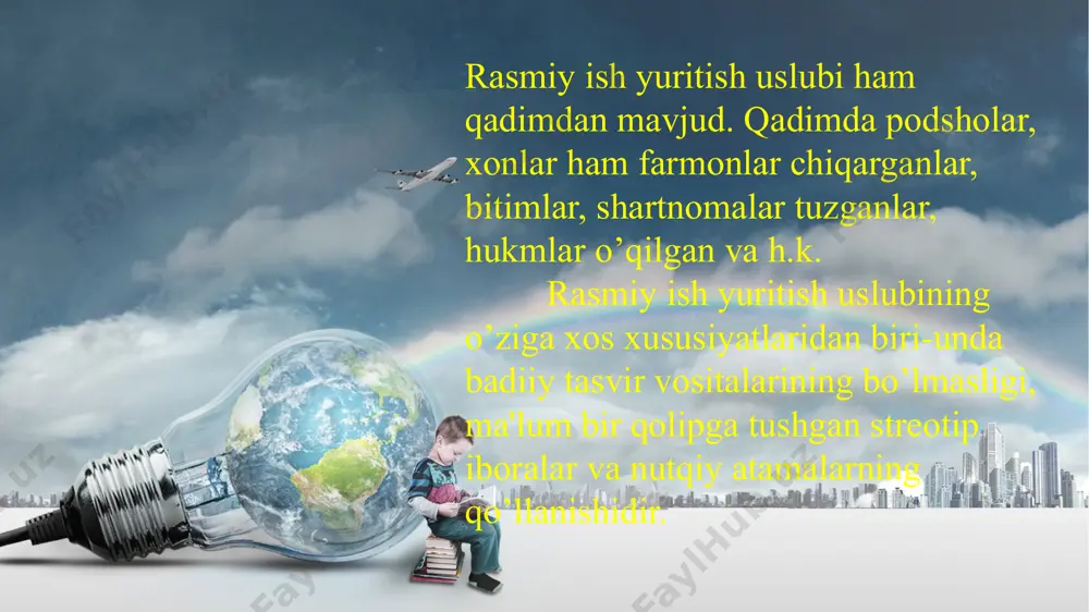quq va majburiyatlarini belgilash va hokazo. bular endi shunchaki “havodagi” so‘zlar emas, balki ba’zi moddiy tashuvchilar yordamida mustahkamlangan so‘zlardir8 galperin rasmiy ish uslubini rasmiy hujjatlar uslubi deb ataydi. rasmiy hujjatlarning asosiy maqsadi davlat, fuqarolar, korxonalar, mamlakatlar hukumatlari va hokazolar vakili boʻlishi mumkin boʻlgan ikki yoki undan ortiq tomonlarni bogʻlovchi munosabatlar va shart-sharoitlarni oʻrnatishdan iborat.“ushbu til uslubidagi muloqotdan maqsad kelishuvga erishishdir” 9 rasmiy ishbilarmonlik funksional uslubi, boshqa uslublar singari, til elementlarini tanlash va ishlatishda tashkiliy tamoyilni nazarda tutadi, unda bir qator xarakterli xususiyatlar mavjudligi tufayli tan olinadi. kundalik biznesga yo'naltirilgan matnlar ancha qisqaroq, bunga suhbat mavzusi darhol ko'rsatilishi bilan erishiladi. bu ixchamlikka uzoq vaqtdan beri o'rnatilgan va yaxshi shakllangan naqshlar, hatto grafik shakllar ham yordam beradi. zamonaviy nutq vaziyati juda ko‘p sonli “gibrid” matnlarning paydo bo‘lishiga olib keladi, ular quyidagilardan iborat: prezidentning parlamentga yillik murojaati, parlament, davlat rahbarining mamlakat aholisiga murojaatlari, muqaddima, davlatlararo shartnomalar va boshqalar. rasmiy ish yuritish uslubining gibrid …
