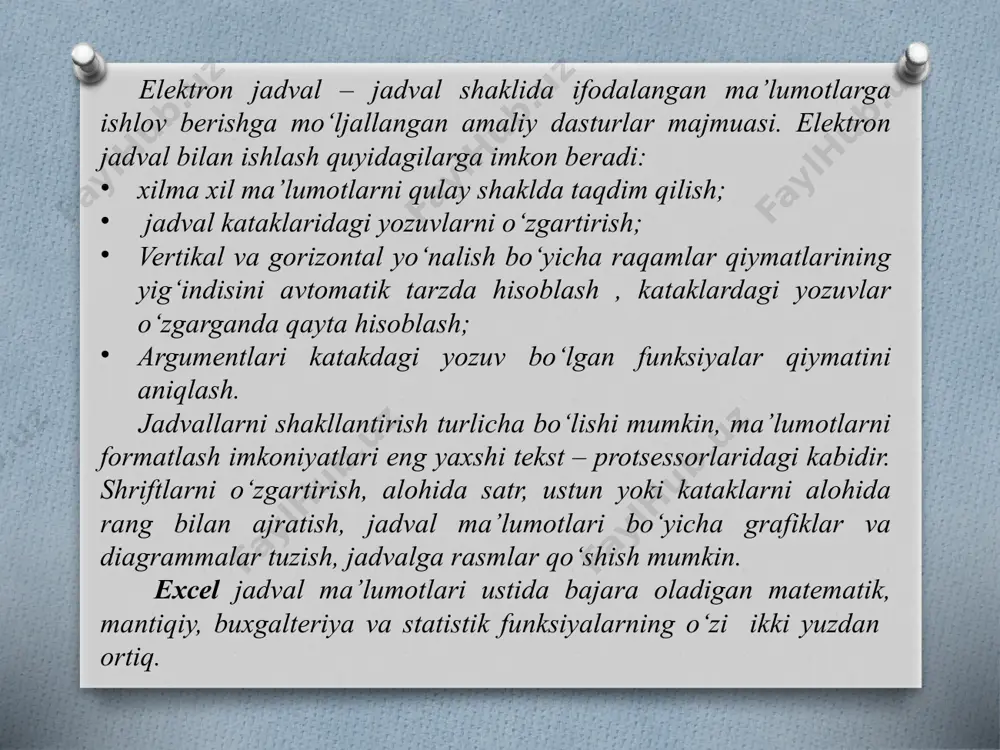 umiy holda excel 2007 da quyidagi imkoniyatlar jamlangan: yangi ko‘rinishdagi interfeys; ishchi varaq kengaytirilgan; katta hajmdagi fayllar bilan ishlashi; katakga nisbatan formatlash soni ko‘paytirilgan; bekor qilish qadami 100 tagacha; formulaning uzunligi 8000 tagacha; formulada 64 tagacha ichma-ich joylashuv mumkin; formulani avtotugatilishi; diagrammaning tashqi ko‘rinishlari yaxshilangan; ishchi kitob mavzulari; qobiqlar; betma-bet tasvirlash; shartli formatlashning qo‘shimcha parametrlari; “параметры excel” oynasining afzalligi; birgalikda qayta ishlash imkoniyati; kengaytirilgan smartart va wordart; umumlashtirlgan jadvallarni tuzish yengillashtirilgan; faylni pdf formatda saqlash; formula panelining imkoniyatlari kengaytirilgan; shablonlar soni oshirilgan; holatlar paneli orqali nazorat kuchaytirilgan. 2. ms excelda formulalar ustida amallar bajarish asosiy ma’lumotlar. jadvaldagi hisoblashlar formulalar yordamida bajariladi. formula matematik operatorlar, qiymatlar, katak va funksiyalar nomiga tayanishlardan tashkil topishi mumkin. formulani bajarish natijasi sifatida formula joylashgan katak ichidagi muayyan bir yangi qiymat xizmat qiladi. formula tenglik belgisi "=" dan boshlanadi. formulada arifmetik operatorlar + - * / ishlatilishi mumkin. hisoblashlar tartibi oddiy matematik konunlar bilan belgilanadi. formulalar …