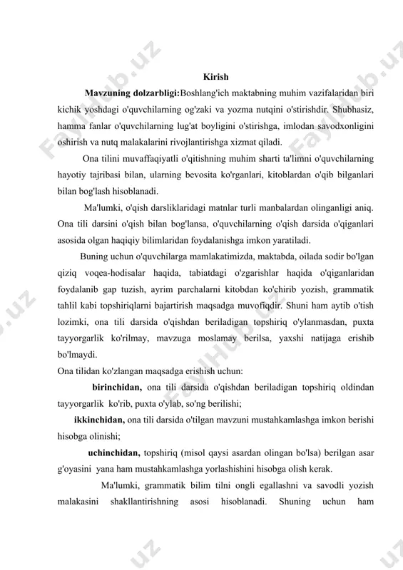 rini bartaraf etish yuzasidan bo‘lajak boshlang’ich sinf o‘qituvchilari uchun usuliy tavsiyalar tayyorlash. kurs ishining metodlari. mavzuga oid pedagogik, psixologik, metodik adabiyotlarni o‘rganib tahlil qilish, suhbat, kuzatish, anketa- so‘rovnomalar, ilg’or o‘qituvchilarning ish tajribalarini o‘rganish, pedagogik tajriba, taqqoslash. kurs ishining metodologik asoslari. o‘zbekiston respublikasi konstitutsiyasi, “talim tog’risida” gi qonun, “kadrlar tayyorlash milliy dasturi” boshlang’ich ta’lim konsepsiyasi, metodist psixolog, didakt olimlarning muammo yuzasidan qayd etgan qarashlari, o‘zbekiston respublikasi prezidentining ta’lim tarbiyaga oid fikrlari. kurs ishi tuzilishi: bajarilgan kurs ishi kirish qismi, ikkita bobdan va qilingan xulosalardan iborat. ishda o‘rganilishi e’tiborga olingan ma’lumotlar tushunarli ravishda ifodalash uchun chizma jadvallar va rasmlar berildi.ishga qo‘yilgan maqsadga erishishi uchun to‘plangan adabiyotlar manbalarning nomlari va elektron manzillari keltirildi. i bob. yozma ishlar turlari va ulardagi xatolarni bartaraf etishning nazariy asoslari 1.1. yozma nazorat turlari va o‘quvchilarning yozma savodxonligini oshirish ona tili va adabiyot darslarida o‘quvchilarning yozma savodxonligini oshirish borasida o‘quvchilar o‘zlashtirishi lozim bo‘lgan bilim, ko‘nikma va malakalar quyidagi …