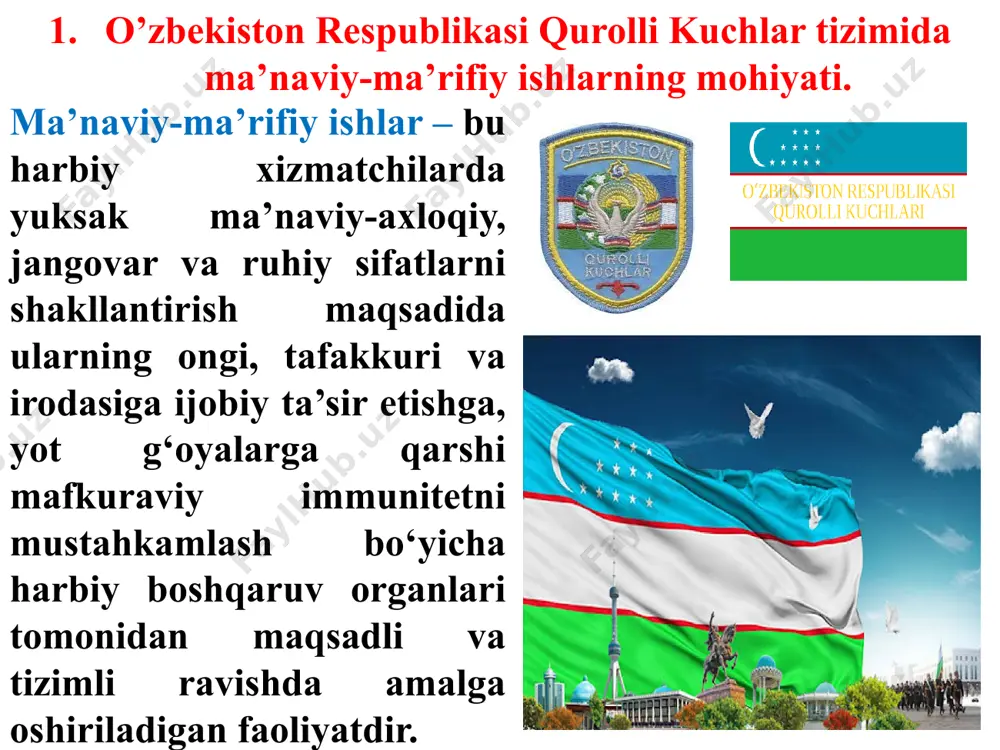 rbiy ta’lim bakalavriat yo’nalishini tamomlagan mutaxassislar o‘rta ta’lim maktablari, akademik litsey va kasb-xunar kollej, (texnikum)larida yoshlarni chaqiriq yoshigacha bo‘lgan yoshlarni o‘zbekiston respublikasi qurolli kuchlari safiga xizmat qilishga tayyorlashning tarkibiy qismi bo‘lib, bo‘lajak askarlarning ma’naviy-ma’rifiy jihatdan etuk va barkamol, yuqori intelektual salohiyatli ega nazariy bilimlar va amaliy ko‘nikmalar bilan qurollantirishga safarbar qilinadi». 4 2. ma‘naviy-ma‘rifiy ishlarning asosiy maqsadi, vazifalari, yo‘nalishlari va ularning mazmuni va mohiyati. ma’naviy-ma’rifiy ishlarning ustuvor maqsadi – e’tiqodi butun, irodasi baquvvat erkin shaxs ma’naviyatini shakllantirishdir. ya’ni mustaqil dunyoqarashga ega, ajdodlarimizning bebaho merosi va zamonaviy tafakkuriga tayanib yashaydigan barkamol shaxs - vatan himoyachisini tarbiyalashdan iboratdir. ma’naviy-ma’rifiy ishlarning asosiy maqsadlari: -harbiy xizmatchilarda yuksak vatanparvarlik va ma’naviy-axloqiy fazilatlarni shakllantirish, ularning faol hayotiy pozitsiyasi va qat’iy e’tiqodini, ona vatan taqdiri uchun mas’uliyatini kuchaytirish; -yurtimizga, xususan milliy armiyamizning ma’naviy-axloqiy negiziga ta’sir o‘tkazishga qaratilgan mafkuraviy tazyiq va informatsion-psixologik xurujlarga nisbatan harbiy xizmatchilarda mafkuraviy immunitetni shakllantirish; -harbiy xizmatchilarni ruhan uyg’oq va sergak bo‘lishga, zimmasiga yuklatilgan …