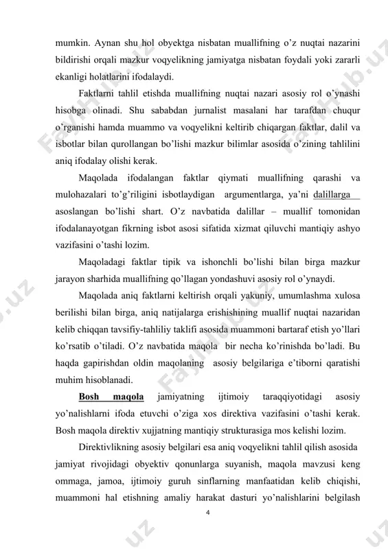 lo’nda tahlillar orqali kuchaytiriladi. targ’ibiy maqola - ilmiy asos nazariy bilim elementlarini o’zida mujassam etgan – shu orqali muallifning mantiqiy-hissiy qarashlari to’g’riligiga jamoani ishontirishi kerak. targ’ibiy maqola jamiyat faoliyati va taraqqiyotining turli sferalaridagi nazariya va amaliyoti muammolarini tahlil etish orqali mazkur masalani targ’ibot va tashviqot etadi. maqolaning belgilari 1. aniq fikrni izchil rivojlantirish. bunda bitta aniq mavzu tanlanib, o’rganilishi va yoritilishi kerak. agar jurnalist bitta maqolaning o’ziga bir necha savolni qo’yib unga javob berishga xarakat qilsa, yo’lini yo’qotishi tayin. maqola janr sifatida o’z kuchini yo’qotadi. gazetadagi maqola faqat bitta savolga yoki bitta masalaga bag’ishlanishi kerak. maqolada bitta savolga yoki masalaga javob topishning o’zi fikrini ma’lum yo’nalishga qratilganligi uni ko’p mavzulikdan xalos etadi. buning uchun maqolaga qo’yilgan talab aniq maqsadga yo’naltirilgan va izchil o’rganiladigan bo’lishi kerak. qo’yilgan savolni mayda detallarga bo’linishi, voqyelikni turli tomonlarda va o’lchamlarda tahlil qilish lozim bo’ladi. 2. maqolaning boshqa janrlar bilan tengligi. u ham fakt bilan boshlanadi. …