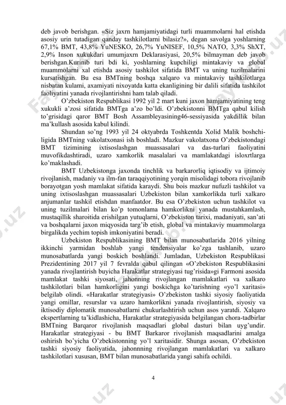 blikasi tashqi iqtisodiy aloqalar agentligi etib qayta tashkil qilindi. 2005 yil iyul oyida o’zbekiston respublikasi tashqi iqtisodiy aloqalar agentligi o’zbekiston respublikasi tashqi iqtisodiy aloqalar, investisiyalar va savdo vazirligi etib qayta tashkil qilindi. o’zbekistonda tashqi savdo bilan shug’ullanuvchi firmalarning maxsus tizimi shakllantirildi. respublikada diplomatik ishlar uchun, xalqaro huquq va tashqi iqtisodiy aloqalarda faoliyat yuritadigan mutaxassislar tayyorlash yo’lga qo’yildi. o’zbekistonda iqtisodiy islohotlarni amalga oshirishda, uning jahon hamjamiyati bilan integrasiyalashuvida xalqaro moliyaviy, iqtisodiy tashkilotlar – xalqaro valyuta fondi, jahon banki, xalqaro moliya korporasiyasi, yevropa tiklanish va taraqqiyot banki ham ko’maklashmoqda. o’zbekiston mustakil davlat maqomiga zga bulgan dastlabki kunla-ridan xalqaro xamjamiyat bilan teng huquqli, suveren xamkorlik olib borish yulidan bordi. kiska tarixiy davr mobaynida mamlakat jaxon xamjamiyatida uz urniga zga davlatga aylandi. o’zbekiston jahonning ko’plab mamlakatlari va yirik xalkaro tashkilotlari bilan turli sohalarda xamkorlik qilib kelmokda o’zbekiston respublikasi prezidenti sh.m. mirziyoyev ta’kidlaganlarideq «birlashgan millatlar tashkiloti, shanxay xamkorlik tashkiloti, mustakil davlatlar xamdustligi, islom hamkorlik tashkiloti …