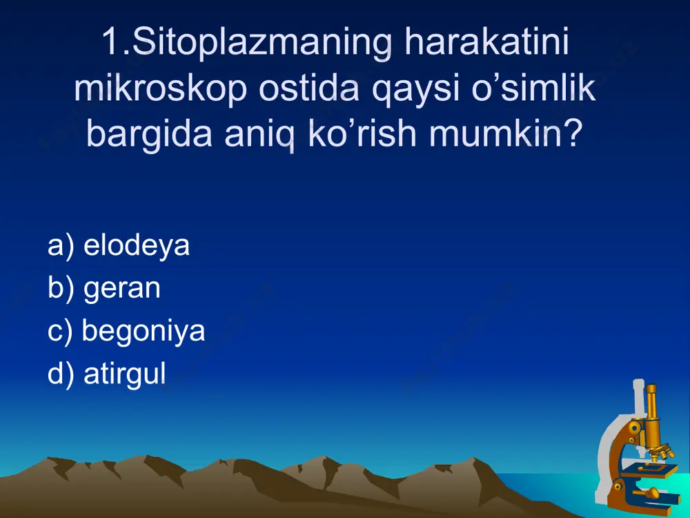 ub tolalarida 8.yog`ochligida 9. o`zakda a) 1.3.5 b) 2.4.6 c) 3.5.7 d) 7.8.9 15. qaysi belgilar yosh va qari hujayralarni bir-biridan ajratish imkonini beradi? a) qobiqning qalinligi ,vakuolaning sitoplazmada egallagan joyiga qarab b) hujayra qobig`ining shakli, vakuolaning egallagan joyiga qarab c) hujayra qobig`ini shakli,vakuola qobig`ining tuzilishiga qarab d) hujayra qobig`ining qalinligi, yadro va mitoxondriyalar soniga qarab 16. mag`izni shakli va hajmi hujayraning … qarab xar-xil bo`ladi 1. yirik, mayda 2. kimyoviy tarkibiga 3.yoshiga 4. yashash sharoitiga 5.karioplazma harakatiga a) 1.2.5 b) 1.3.4 c) 1.2.4 d) 1.4.5 17. o`simlik hujayrasidagi xloroplastlar qanday vazifani bajaradi? a) o`simlik hujayrasining bo`linishida ishtirok etadi b) nafas olishda ishtirok etadi c) zararli moddalarni chiqarib yuborishda ishtirok etadi d) organik moddani sintezlaydi, yashil rang beradi 18. to`qima deb nimaga aytiladi? a) tuzilishi va bajaradigan vazifasi bir xil bo`lgan hujayralar yig`indisi b) tuzilishi va bajaradigan vazifasi har xil hujayralar to`plami c) tuzilish har xil,bajaradigan vazifasi bir xil hujayralar …