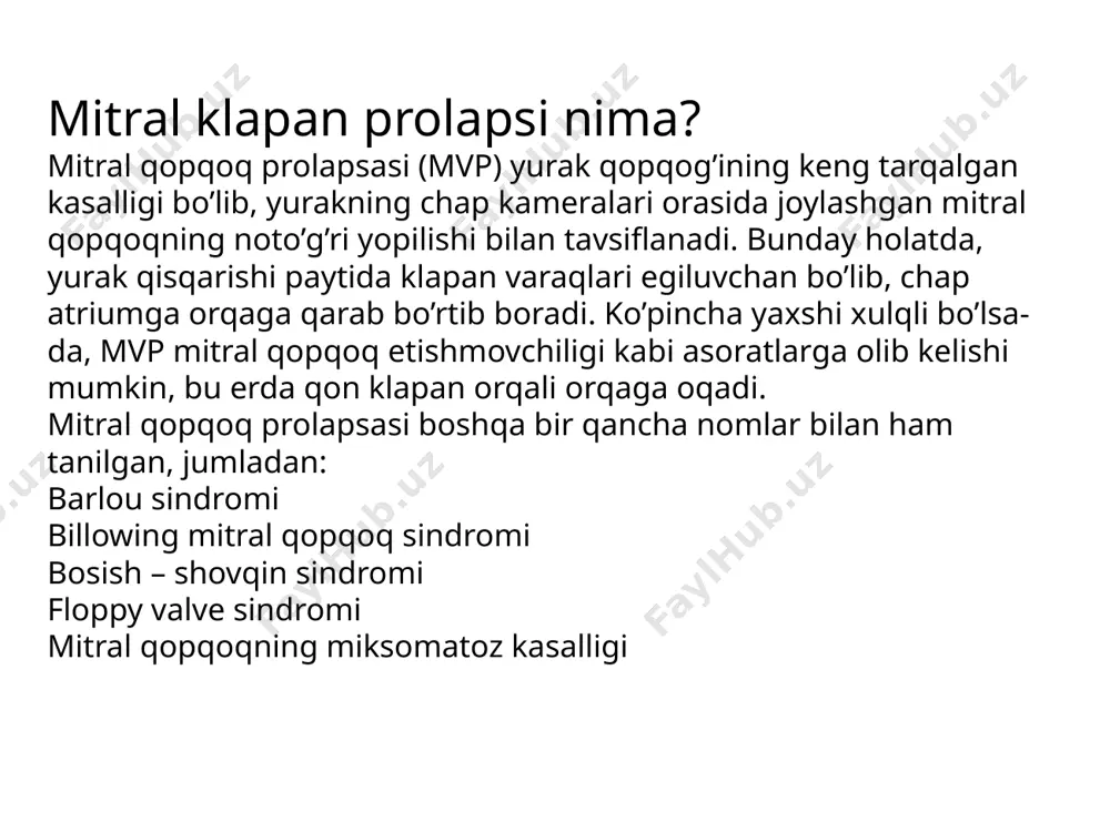 ida valfni almashtirish amalga oshirilishi mumkin. minimal invaziv jarrohlik usullari ham qo’llanilishi mumkin, bu esa tiklanish vaqtini qisqartirish va kamroq qon yo’qotish imkonini beradi. mitral qopqoq prolapsasi keng tarqalgan va ko’pincha boshqarilishi mumkin bo’lgan yurak kasalligidir. mvp bo’lgan ko’plab odamlar asemptomatik bo’lib qolsa-da, asoratlar ehtimoli va muntazam monitoringning ahamiyatini tushunish juda muhimdir. diagnostika usullari va davolash usullaridagi yutuqlar ushbu holatdan zarar ko’rgan shaxslarga g’amxo’rlikni kuchaytirishda davom etmoqda, bu esa yaxshi natijalar va hayot sifatini ta’minlash imkonini beradi. mkp davolash usullari • **dori vositalari:** - beta-blokatorlar (yurak urishini kamaytirish uchun) - seditativ dorilar (asabiylikni kamaytirish) • **jarrohlik muolajalari:** - mitral klapan rekonstruksiyasi - mitral klapan almashtirilishi • **hayot tarzini o‘zgartirish:** - jismoniy faollik - stressni boshqarish - to‘g‘ri ovqatlanish mitral klapan prolapsining tarqalishi xulosa • mitral klapan prolapsi ko‘p hollarda xavfli emas • profilaktika va sog‘lom turmush tarzi muhim • og‘ir holatlarda jarrohlik muolajalar talab etilishi mumkin • yurak salomatligi uchun …