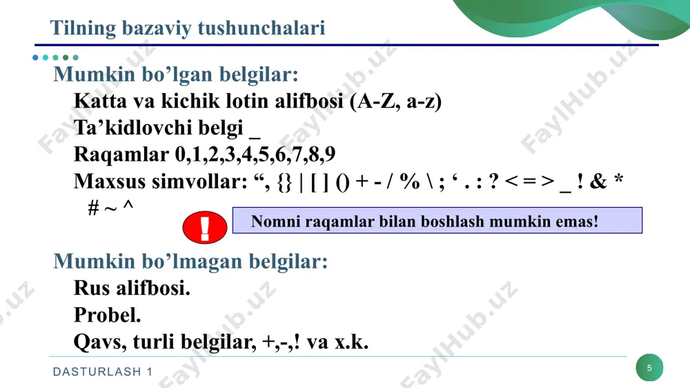 yechishda uning algoritmini tuzishdan boshlash maqsadga muvofiq bo’ladi. masala algoritmni tuzgan shaxs istalgan dasturlashda masalani yechish mumkin bo’ladi, albatta undan shu dasturlash tili sintaksisini bilish kifoya qiladi. masalani yechish algoritmni tuzish, so’zlar, matematik formulalar, grafiklar va jadvallar asosida amalga oshirish mumkin. algoritmlarni chiziqli, tarmoqlanuvchi va takrorlanuvchi ko’rinishda ifodalash mumkin. dasturlash 1 26 tdpu mvi 505 norova shaxzoda e’tiboringiz uchun raxmat! dasturlash 1 26 image1.png image2.jpg image3.png image4.png image5.png image6.png image7.png /docprops/thumbnail.jpeg