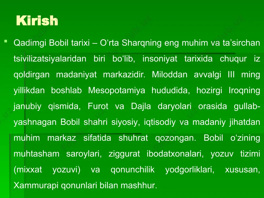 ib, bu sohada ular o‘z davrining eng ilg‘or jamiyatlaridan biri sifatida tan olingan. bobil shahri o‘zining puxta rejalashtirilgan tuzilishi bilan mashhur bo‘lib, u markaziy ibodatxonalar, saroylar va mudofaa devorlari atrofida qurilgan. shaharsozlikda furot daryosining strategik ahamiyati katta bo‘lib, daryo nafaqat suv ta’minoti, balki transport va savdo yo‘llari uchun ham muhim hisoblangan. bobilning tanazzuli va tarixiy merosi kassitlar, ossuriylar va forslar hukmronligi:bobil tsivilizatsiyasi o‘zining gullagan davridan so‘ng bir qator ichki va tashqi omillar ta’sirida zaiflashdi. miloddan avvalgi ii ming yillikda kassitlar bobilni egallab, shaharni o‘zlarining siyosiy markaziga aylantirdilar. kassitlar bobilning an’anaviy madaniyati va diniy tizimini saqlab qolishga harakat qilishdi, ammo ularning hukmronligi davrida shahar avvalgi qudratini yo‘qotdi. kassitlar davrida bobil savdo va iqtisodiy faoliyatning markazi bo‘lib qolgan bo‘lsa-da, uning siyosiy ta’siri pasaydi. xulosa bobil tsivilizatsiyasi o‘zining diniy, madaniy, ilmiy va arxitekturaviy yutuqlari bilan insoniyat tarixida muhim o‘rin tutadi. uning ko‘p xudolarga sig‘inish tizimi jamiyatni birlashtiruvchi va tartibga soluvchi kuch bo‘lib xizmat …