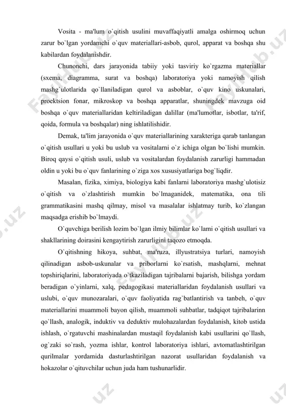 kitob ustida ishlash, o`rgatuvchi mashinalardan mustaqil foy​dalanish kabi usullarini qo`llash, og`zaki so`rash, yozma ishlar, kontrol laboratoriya ishlari, avtomatlashtirilgan qurilmalar yordamida dasturlashtirilgan nazorat usullaridan foydala​nish va hokazolar o`qituvchilar uchun juda ham tushunarlidir. xalq pеdagogikasi durdonalarini to`plash, ulardan unumli foydalanishning usullarini yaratish borasida pеdagogika fani ilg`or va pеshqadam o`qituvchilarning ish tajribalariga, oliy ilmgohlarning pеdagog olimlariga tayanib ish ko`radi. talim tizimida o`quvchilarga bilim bеrishning eng qulay imkoniyatlarga asoslangan holda o`qitish usullarini quyidagi turlarga bo`lamiz. 1. o`qitishning og`zaki usullari. 2. o`qitishning ko`rgazmali usullari. 3. o`qitishning amaliy usullari. 4. o`qitishning muammoli - izlanish va rеproduktiv usuli. 5. o`qitishning induktiv va dеduktiv usullari. 6. mustaqil ish usullari. 7. o`quvchilarning o`quv faoliyatlarini rag`batlantirish va asoslash usuli. 8. o`qitishda nazorat va o`z-o`zini nazorat qilish usuli. 9. kitob bilan ishlash usuli. o`qitishning og`zaki usullari. o`qitishning og`zaki usullari ta'limda doimo eng ko`p qo`llanib kеlingan. didaktikada o`qitishning og`zaki usullari uch turga: o`qituvchining hikoyasi, suhbat va ma'ruzaga ajratiladi. o`qituvchining so`zi bilan bog`liq …