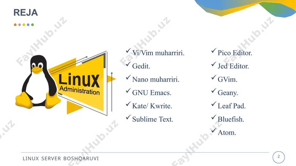 qo'llab-quvvatlash funksiyalari va boshqalar. 6 linux server boshqaruvi nano muharriri. agar siz soddalik va oʻrganish oson boʻlgan matn muharririni qidirmoqchi boʻlsangiz, nano siz uchun toʻgʻri tanlov boʻlishi mumkin. bu foydalanuvchilar uchun qulay, yengil variant boʻlib, u tezda tahrirlash va linuxni yangi boshlanuvchilar uchun juda mos keladi. agar siz linux-da nano matn muharririni o'rnatmoqchi bo'lsangiz, linux tarqatish uchun maxsus paket menejeridan foydalanishingiz mumkin. $ sudo apt install nano $ sudo yum install nano [on debian, ubuntu and mint] [on rhel/centos/fedora and rocky/almalinux] $ sudo emerge -a sys-apps/nano [on gentoo linux] $ sudo apk add nano [on alpine linux] $ sudo pacman -s nano [on arch linux] $ sudo zypper install nano [on opensuse] 7 linux server boshqaruvi nano - xususiyatlaridan ba'zilari:. yuqori darajada moslashtirilgan kalit birikmalari. sintaksisni ta'kidlash. bekor qilish va takrorlash variantlari. standart chiqishda to'liq chiziqli displey. standart kirishdan o'qish uchun peyjer yordami. 8 linux server boshqaruvi gnu emacs muharriri. …